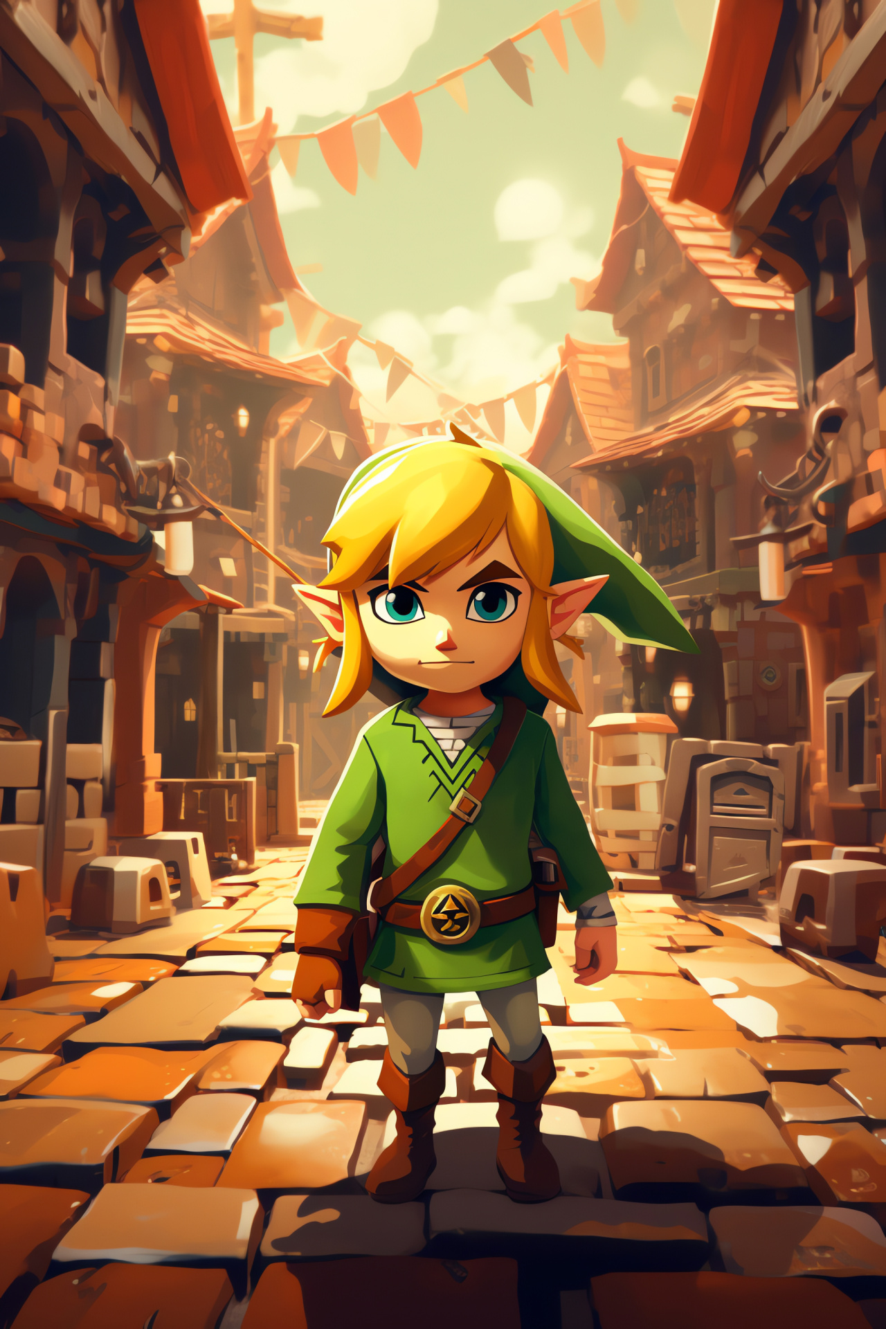 Toon Link character, The Wind Waker iteration, Windfall Island in-game, Vibrant structure paints, Island's animated residents, HD Phone Wallpaper