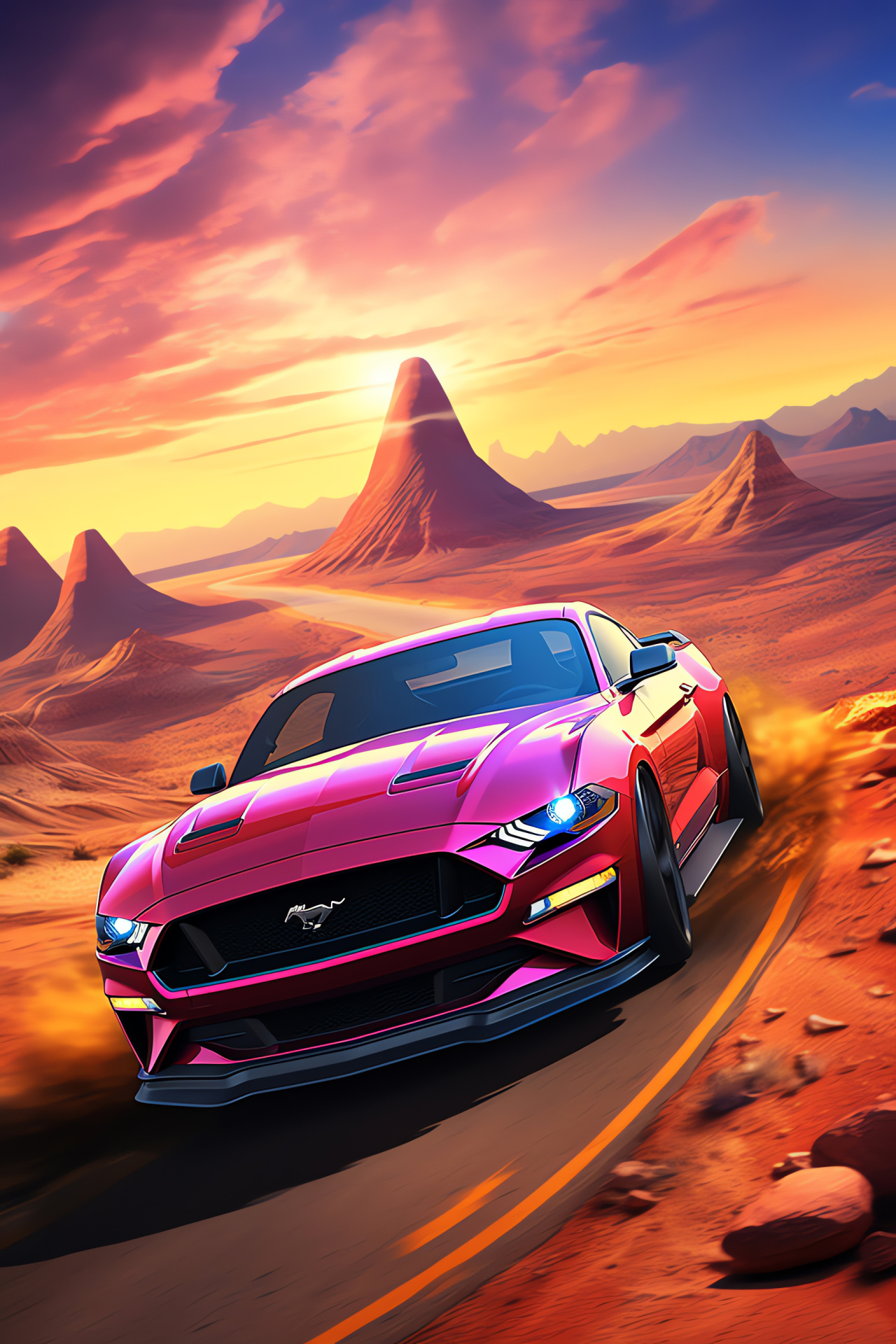 Ford Mustang, Panoramic aerial scenery, Vast environmental capture, Engaging car presence, HD Phone Image