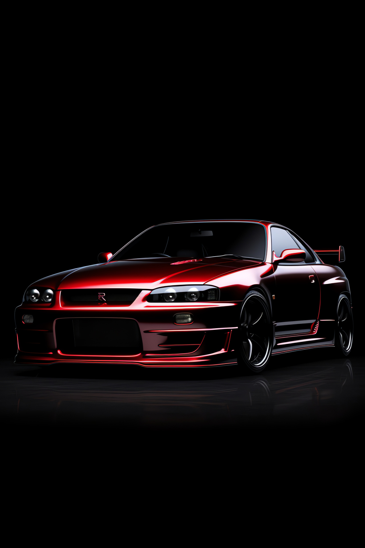 Nissan Skyline GTR R33, High-angle stance, Monochromatic backdrop, Intensity red detail, Automotive allure, HD Phone Wallpaper