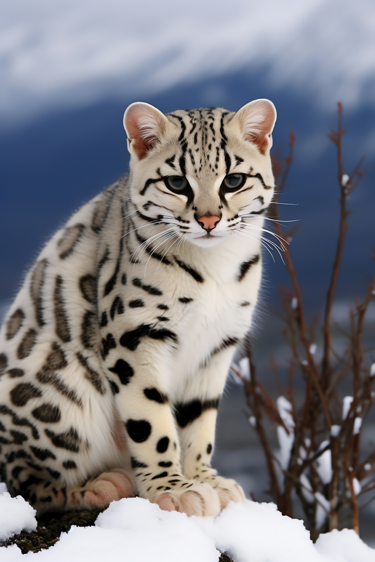 Snowy ocelot, icy gaze, arctic adaptation, white fur stealth, winter landscape, HD Phone Image