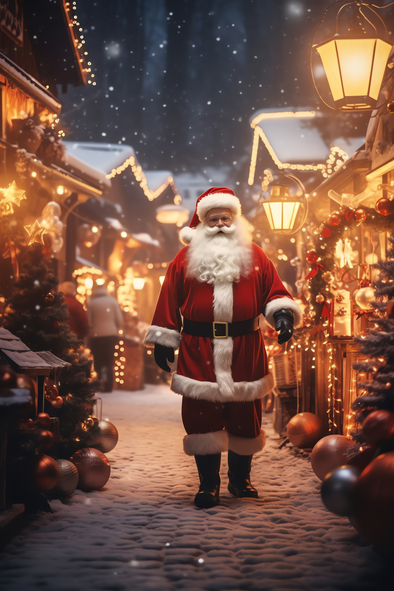 Holiday spirit with Santa Claus, Christmas market festivity, Twinkling festive lights, Seasonal decorations, Gingerbread houses, HD Phone Image