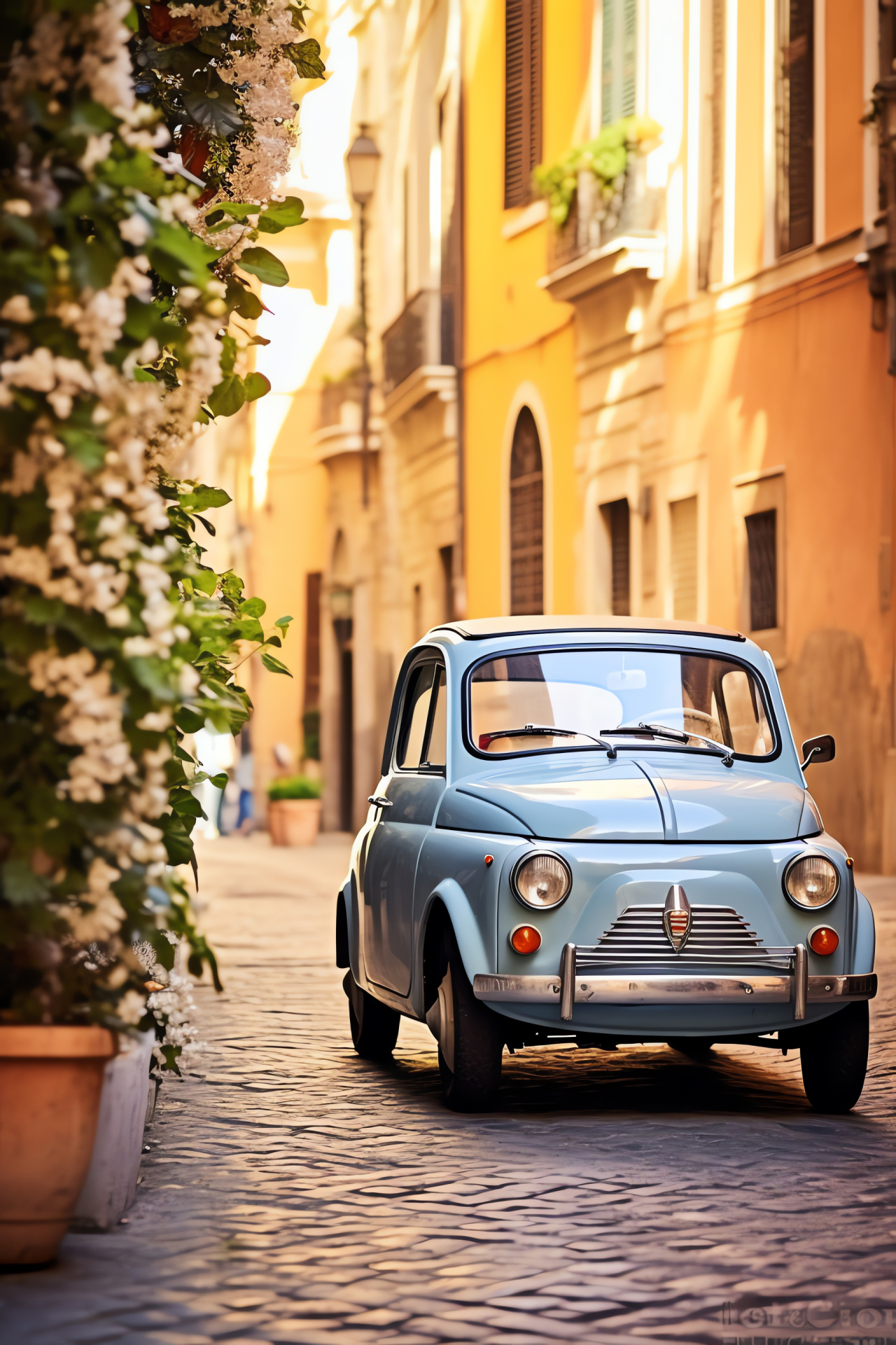 Fiat 600 Multipla in Rome, Classic pastel blue vehicle, Italian compact car, Historic European buildings, Contemporary city life, HD Phone Image