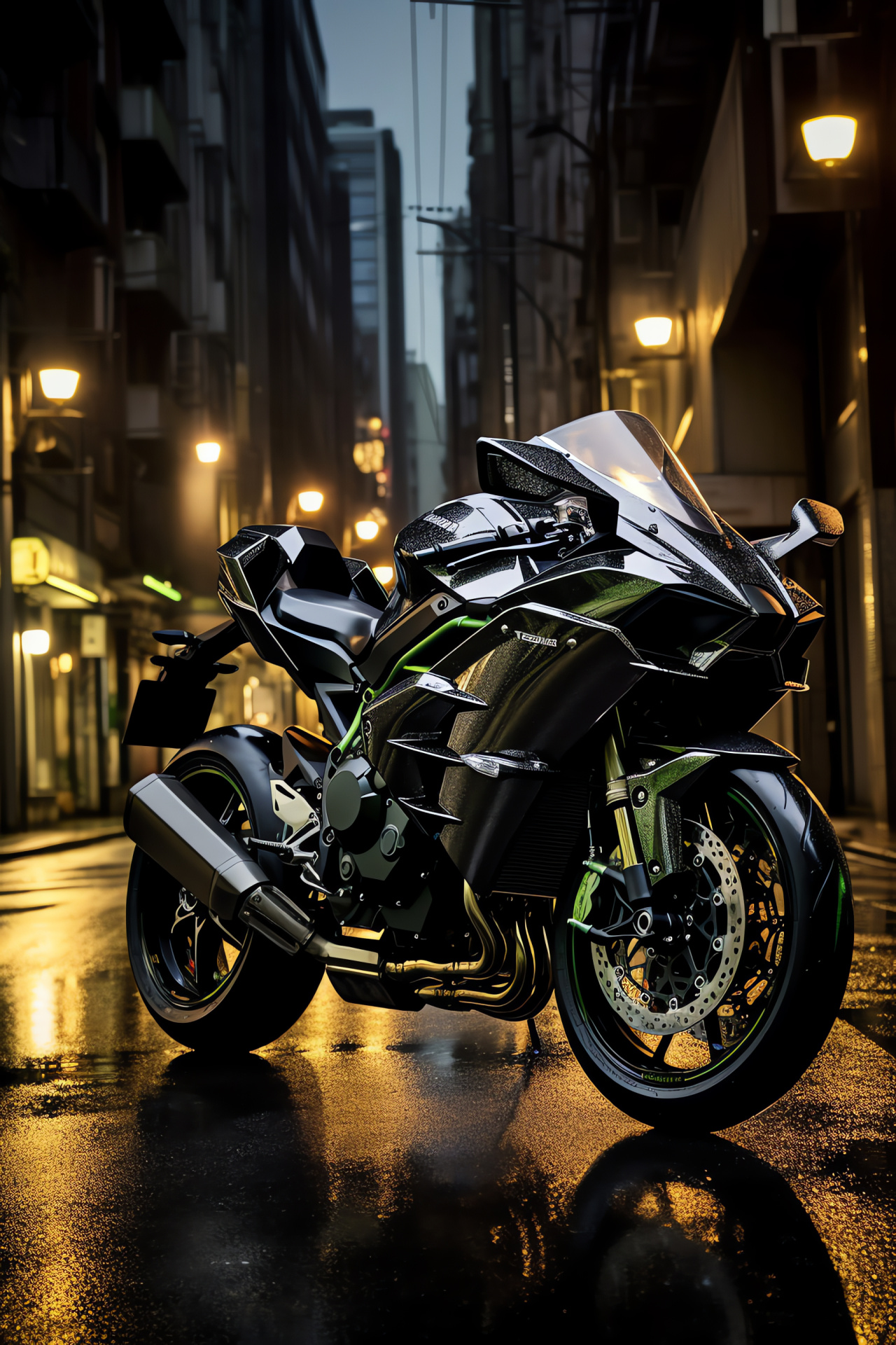 Kawasaki Ninja H2R, Tokyo by night, High-performance bike, Neon illumination, Motorcycle presence, HD Phone Image