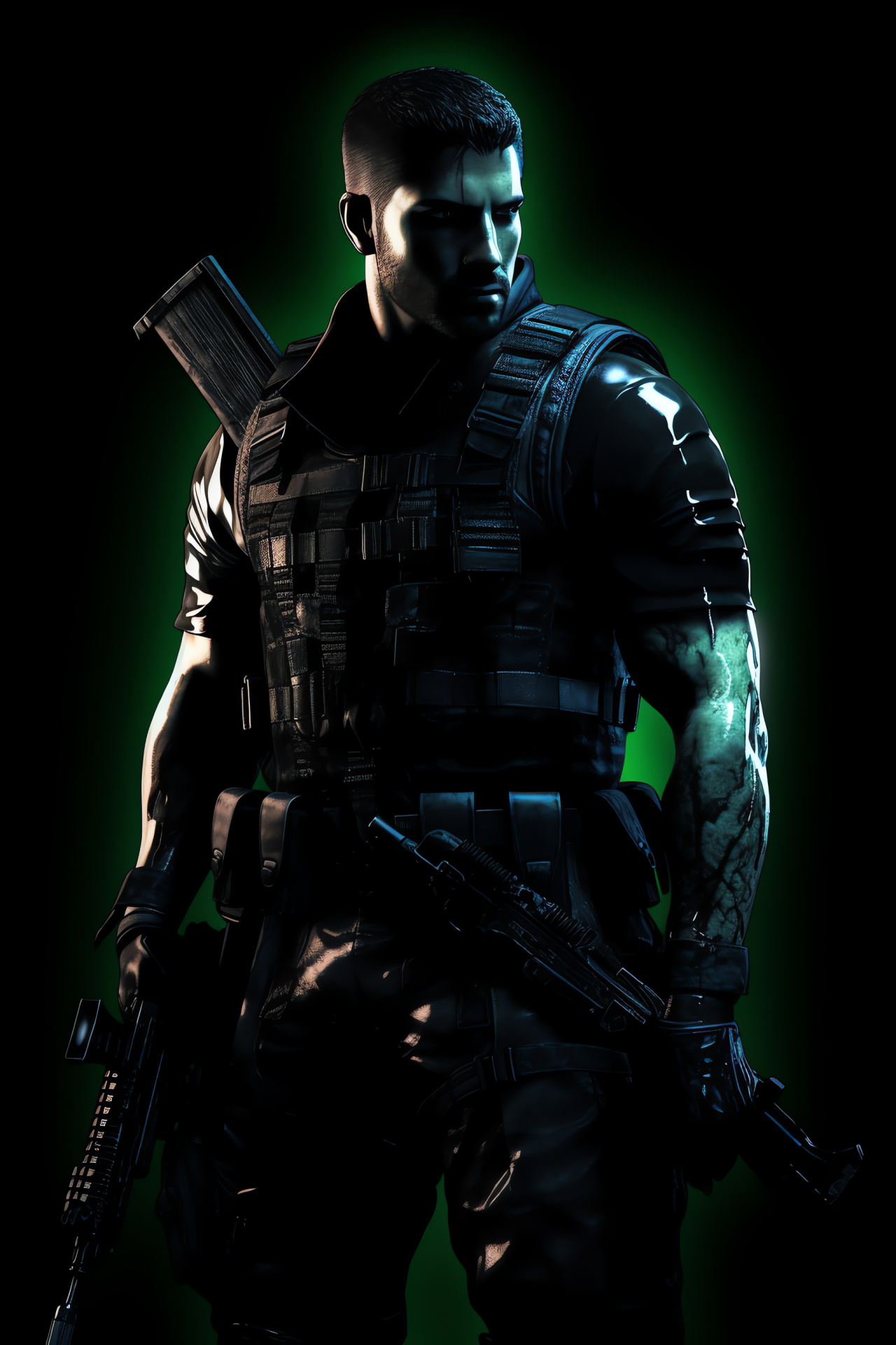 Chris Redfield in action, forest green eyes, advanced military kit, Resident Evil, black tactical backdrop, HD Phone Wallpaper