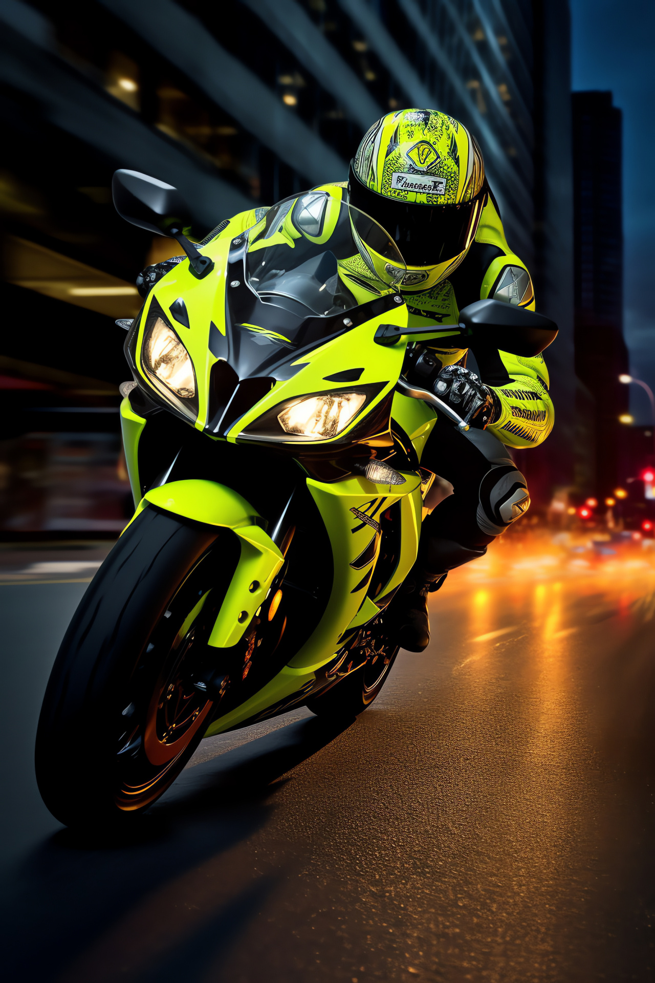 Suzuki GSXR 750 street ride, City traffic scene, Motorcycle agility, Sleek racer attire, Metropolitan lights, HD Phone Wallpaper