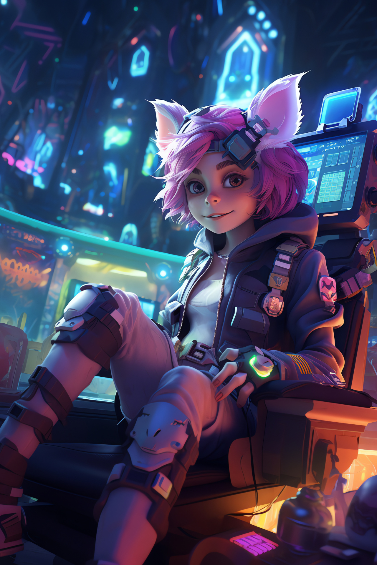 Tristana, Digital Yordle, Next-gen cafe, Light projection, Interactive screens, HD Phone Wallpaper