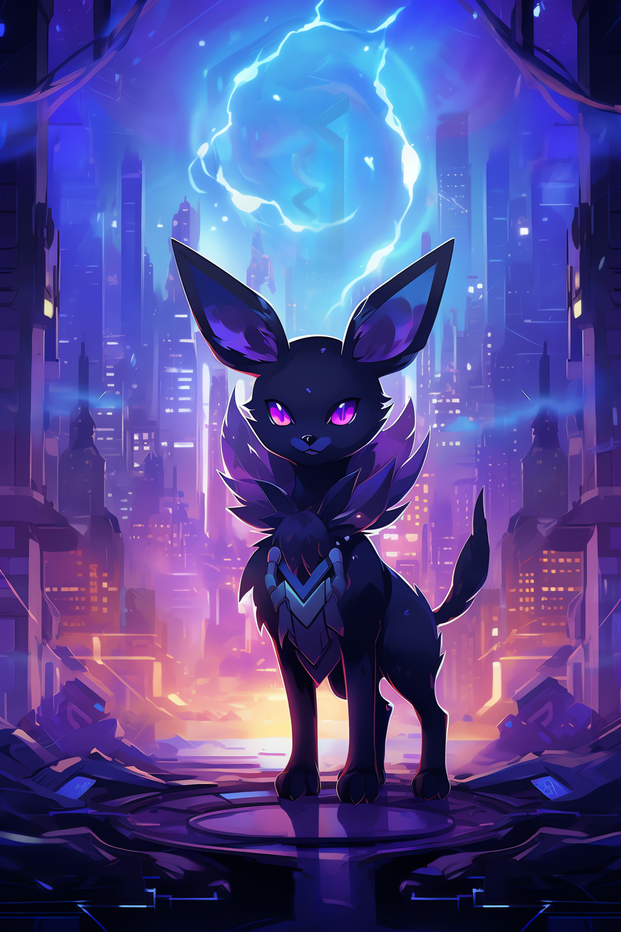 Pokemon Umbreon, Neon skyline, Sable fur, Fuchsia sight, Bold mien, HD Phone Wallpaper