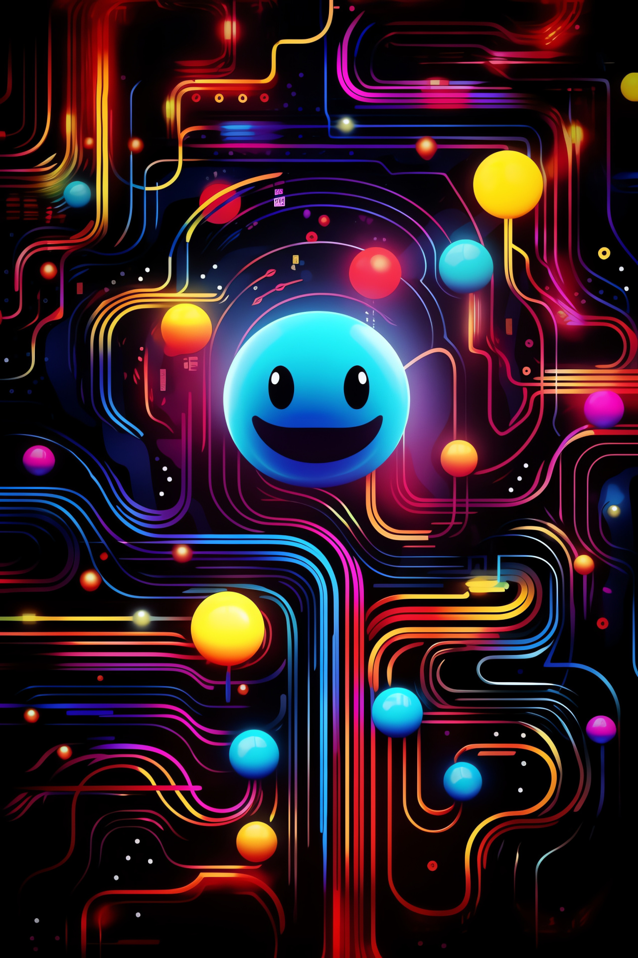 Pacman game maze, Arcadian twirl motif, Hypnotic gaming scene, Animated determination, Golden gaming emblem, HD Phone Image