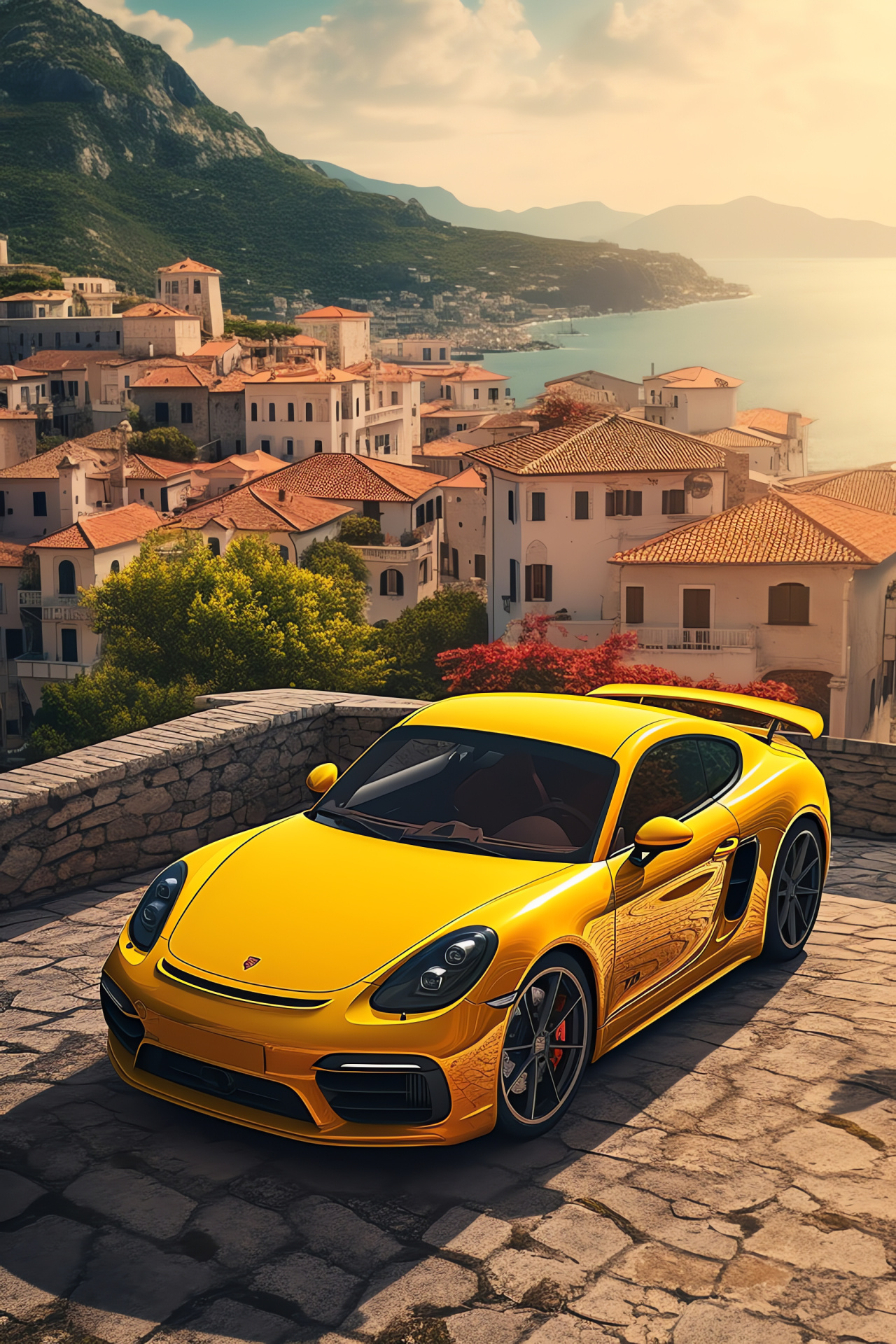 Porsche Cayman S 718 GTS 4.0, Coastal charm, Seaside motoring, Yellow sportscar, Old-town roads, HD Phone Wallpaper