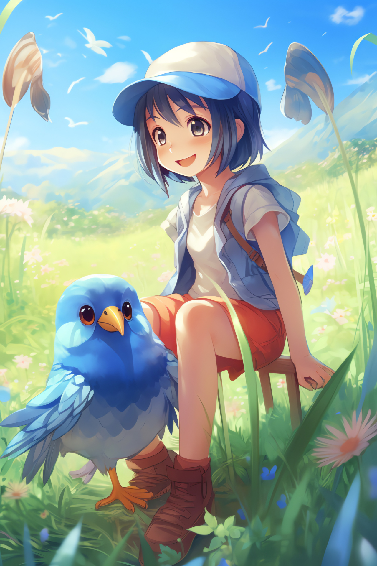 Animated Lucas, Piplup companion, Jubilife urban setting, verdant fields, Pokemon franchise, HD Phone Wallpaper