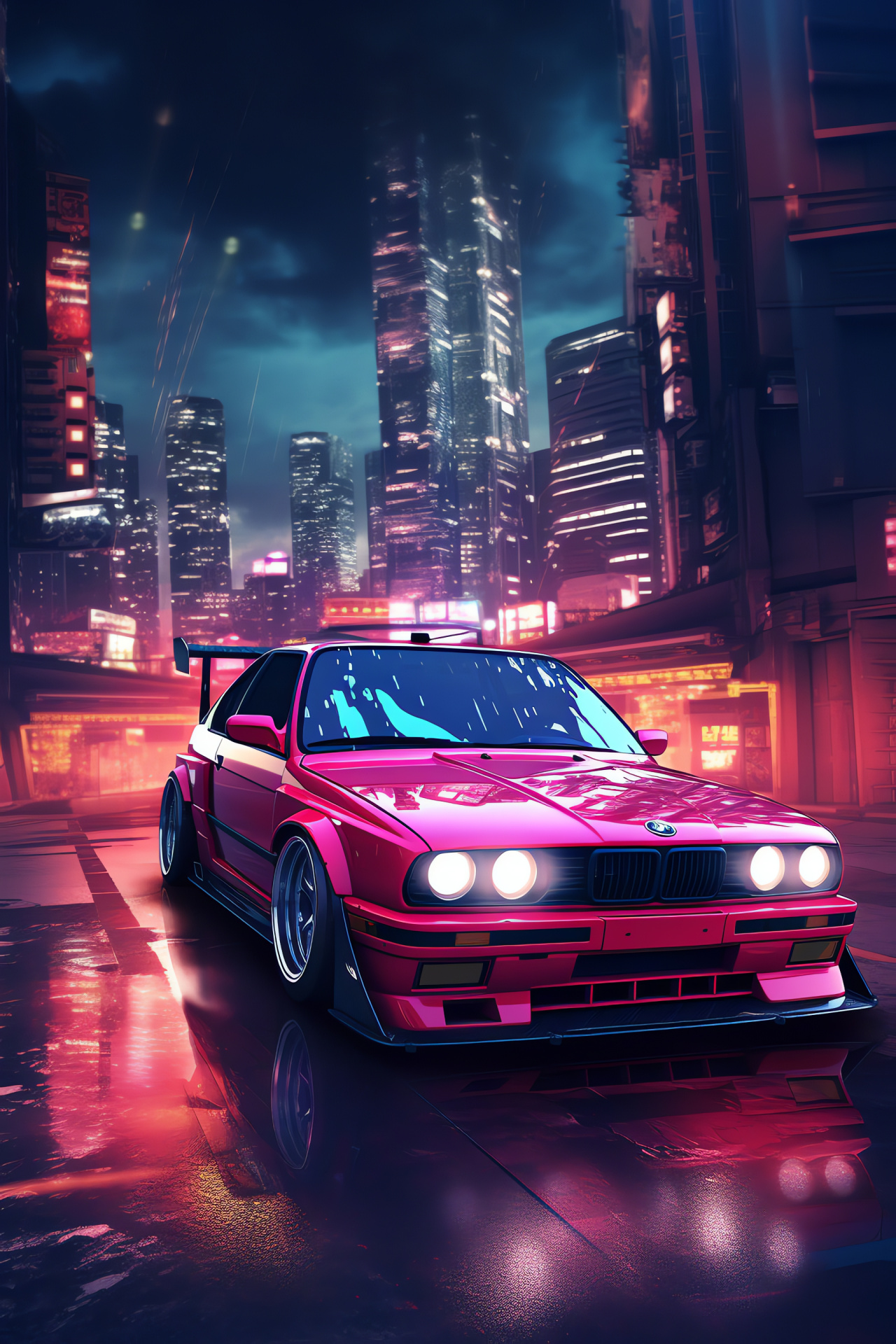 BMW E30 M3 classic, futuristic city vibes, street-level scene, vibrant neon lighting, urban nightlife, HD Phone Wallpaper