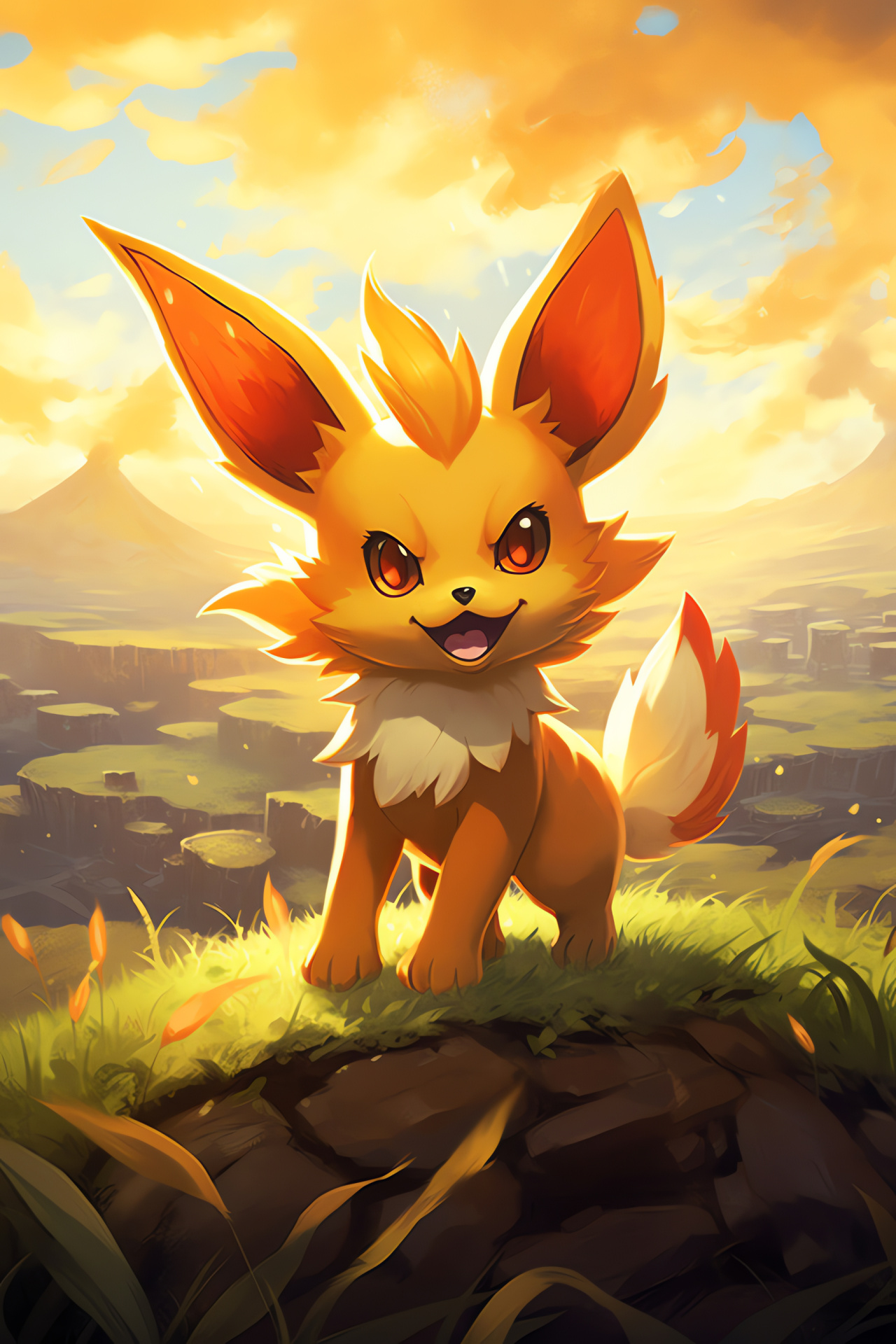 Pokemon Fennekin, Pyrokinetic Vulpine, Grassy knoll, Verdant plains, Sunset sky, HD Phone Image