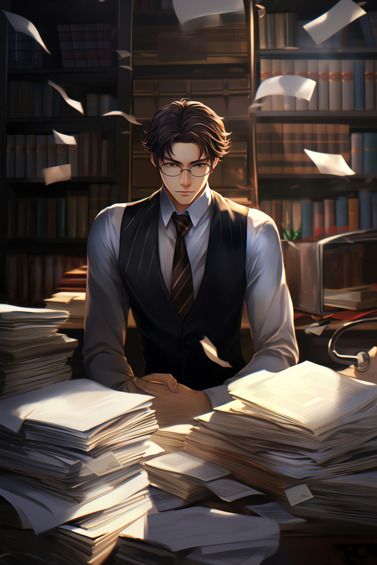 Mystic Messenger's Jumin Han, Dim ambiance, Executive workspace, Aura of sophistication, Narrative interaction, HD Phone Wallpaper