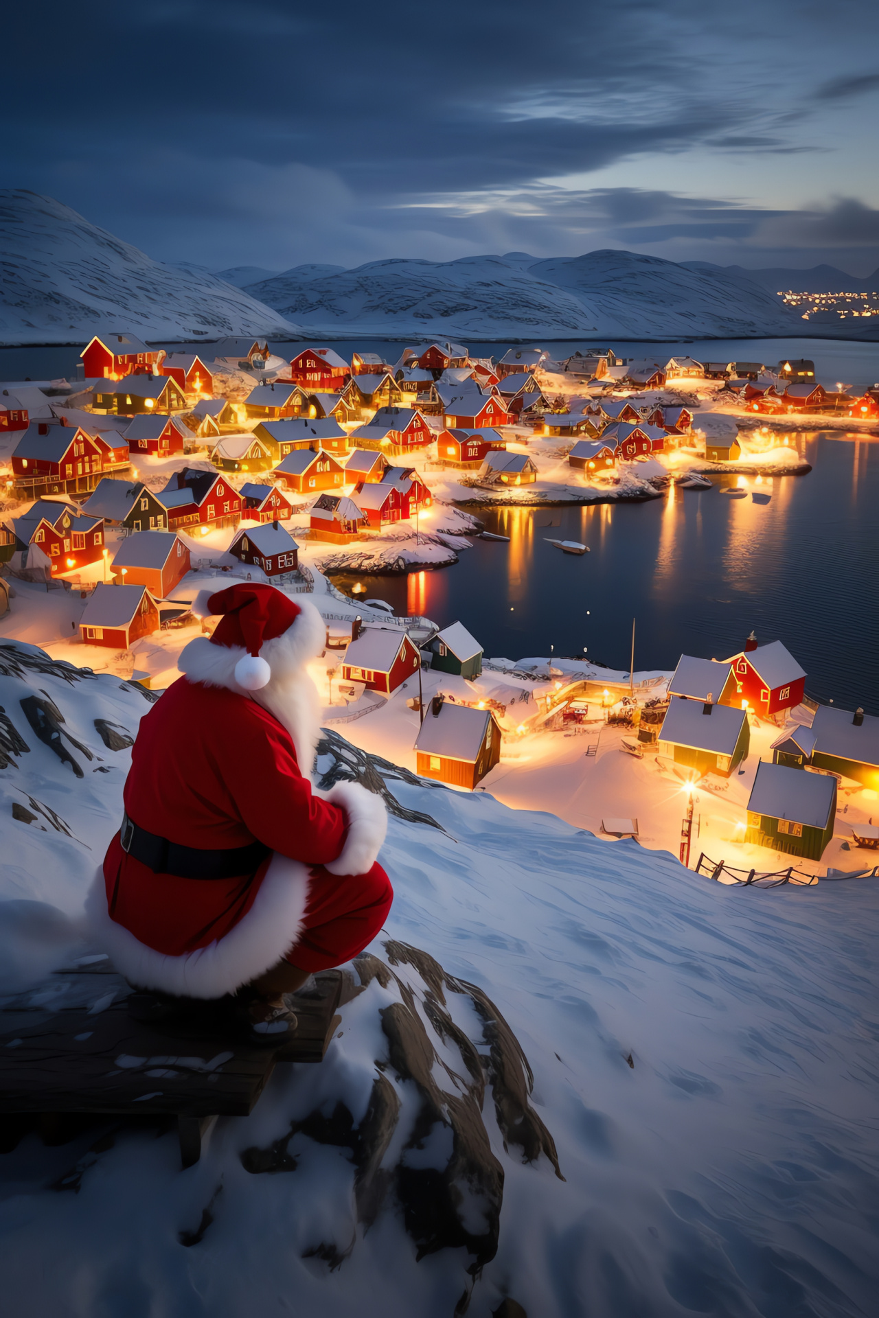 Santa Claus, Arctic Circle, Nordic scenery, icebound terrain, multicolored dwellings, HD Phone Image