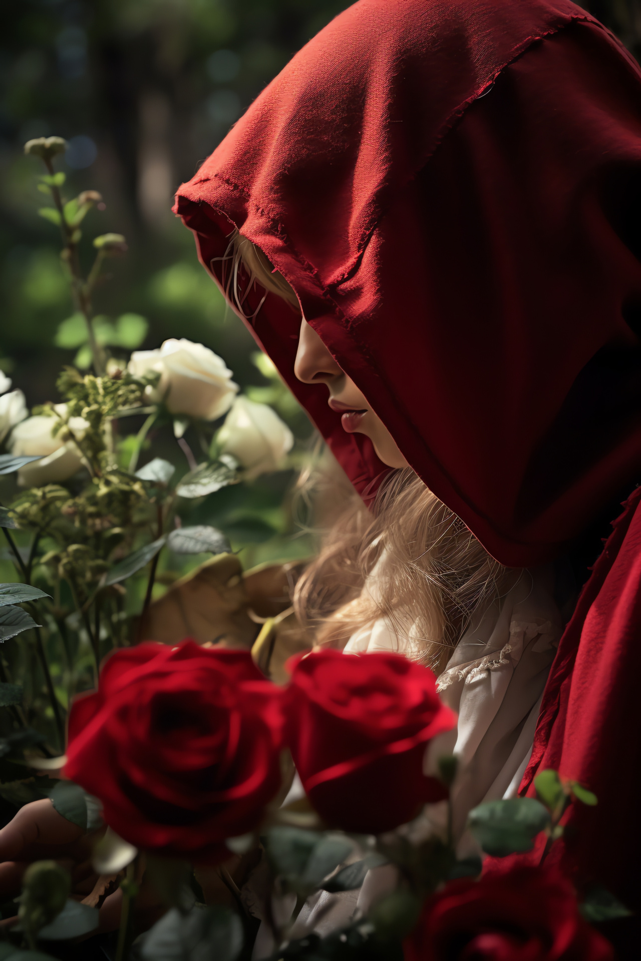 Red Riding Hood, Fairy tale, Enchanted garden, Floral beauty, Fantasy story element, HD Phone Image