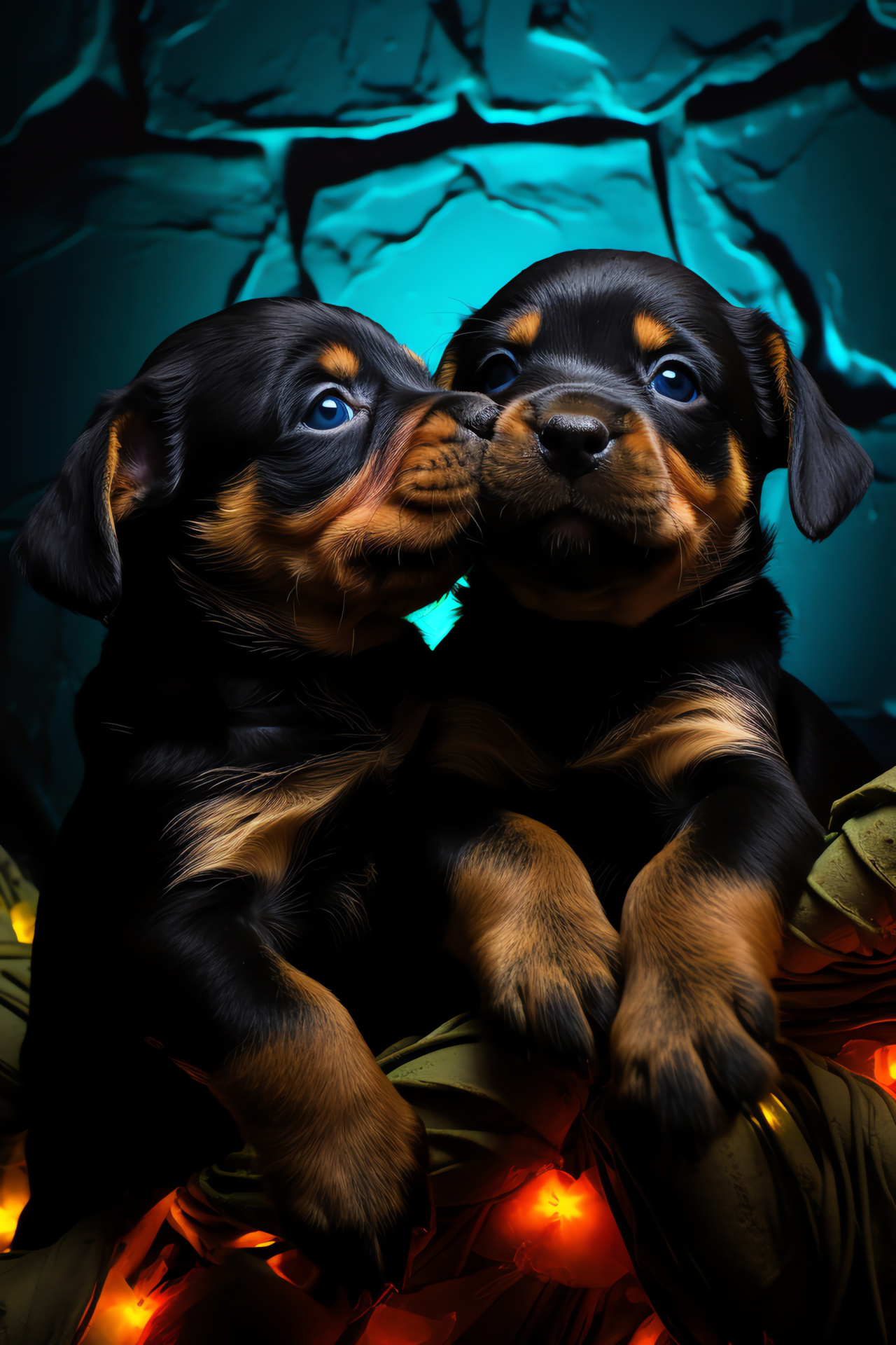 Playful puppies, Rottweiler litter, Canine friends, Shiny coats, Neon ambiance, HD Phone Image