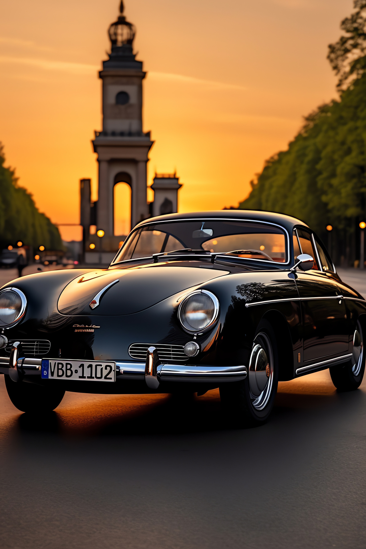 Porsche 356 along Berlin's Unter den Linden, Enduring coupe silhouette, Classic black elegance, German landmarks, Vibrant capital, HD Phone Image