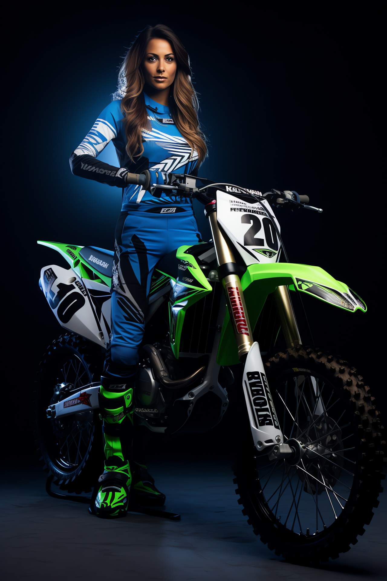 Supercross Girls team, Rider Penelope, Kawasaki KLX140 bike, Dual-tone setting, Exhibition pose, HD Phone Image