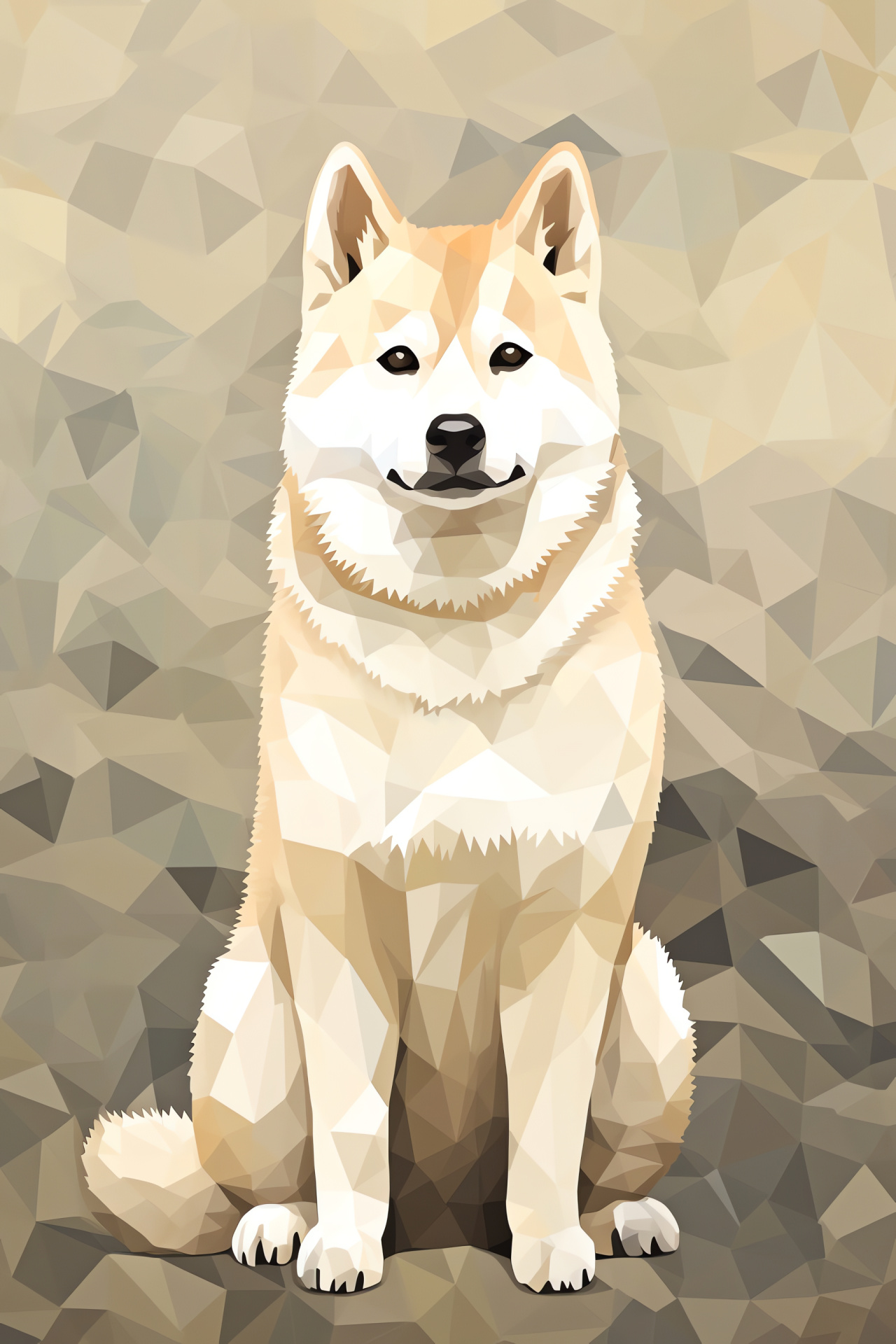 Shiba Inu stance, Neutral fur palette, Studio backdrop design, Voluminous fur layers, Abstract geometry, HD Phone Wallpaper