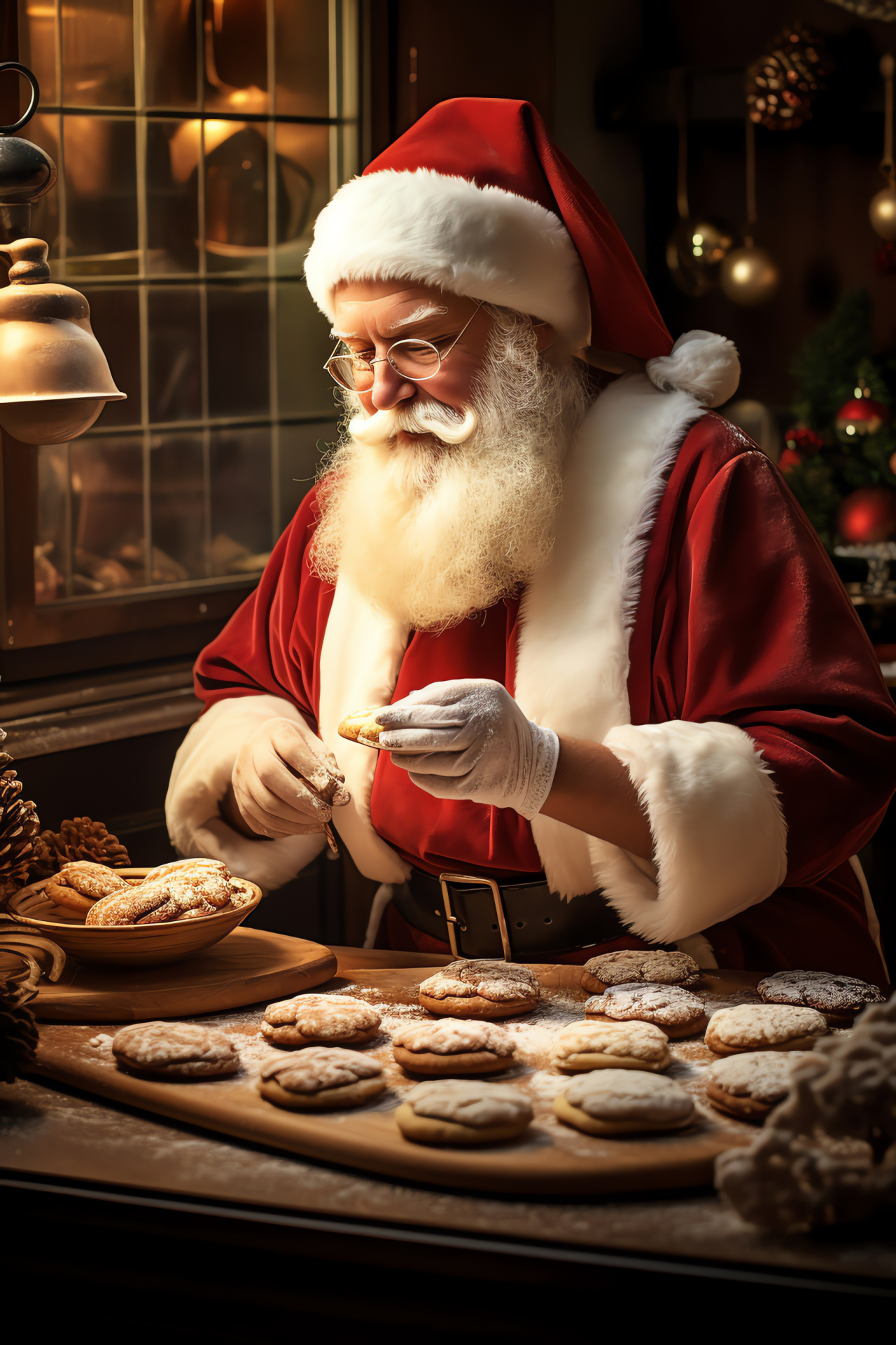 Jolly Santa Claus baking, Christmas cookies in oven, Holiday kitchen preparations, Flour-dusted counters, Treats in the making, HD Phone Wallpaper
