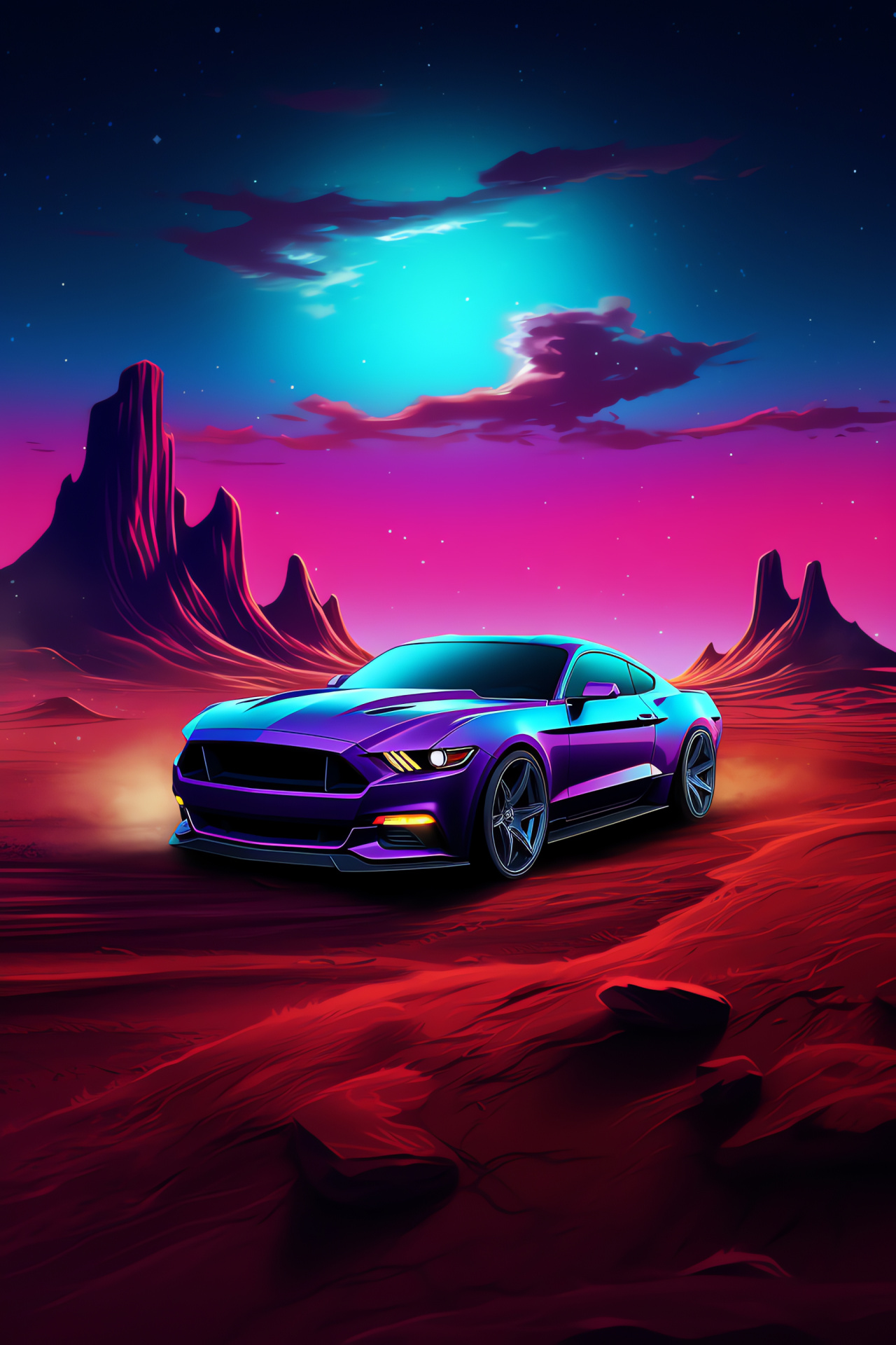 Ford Mustang, Ground-level viewpoint, Broad-reaching terrain spread, Dreamlike natural vista, Silhouette car outline, HD Phone Image
