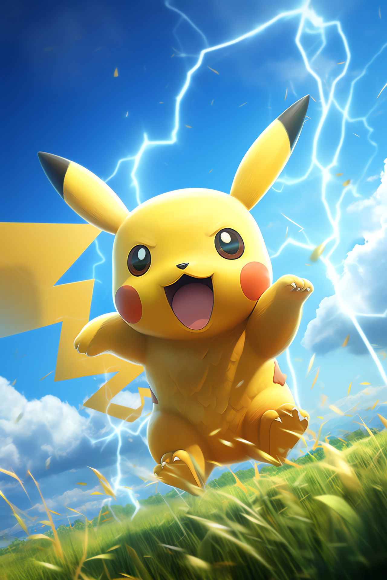 Pikachu in action, Electric-type Pokmon, Pikachu's Thunderbolt, Outdoor Pokmon battle, Blue sky backdrop, HD Phone Wallpaper