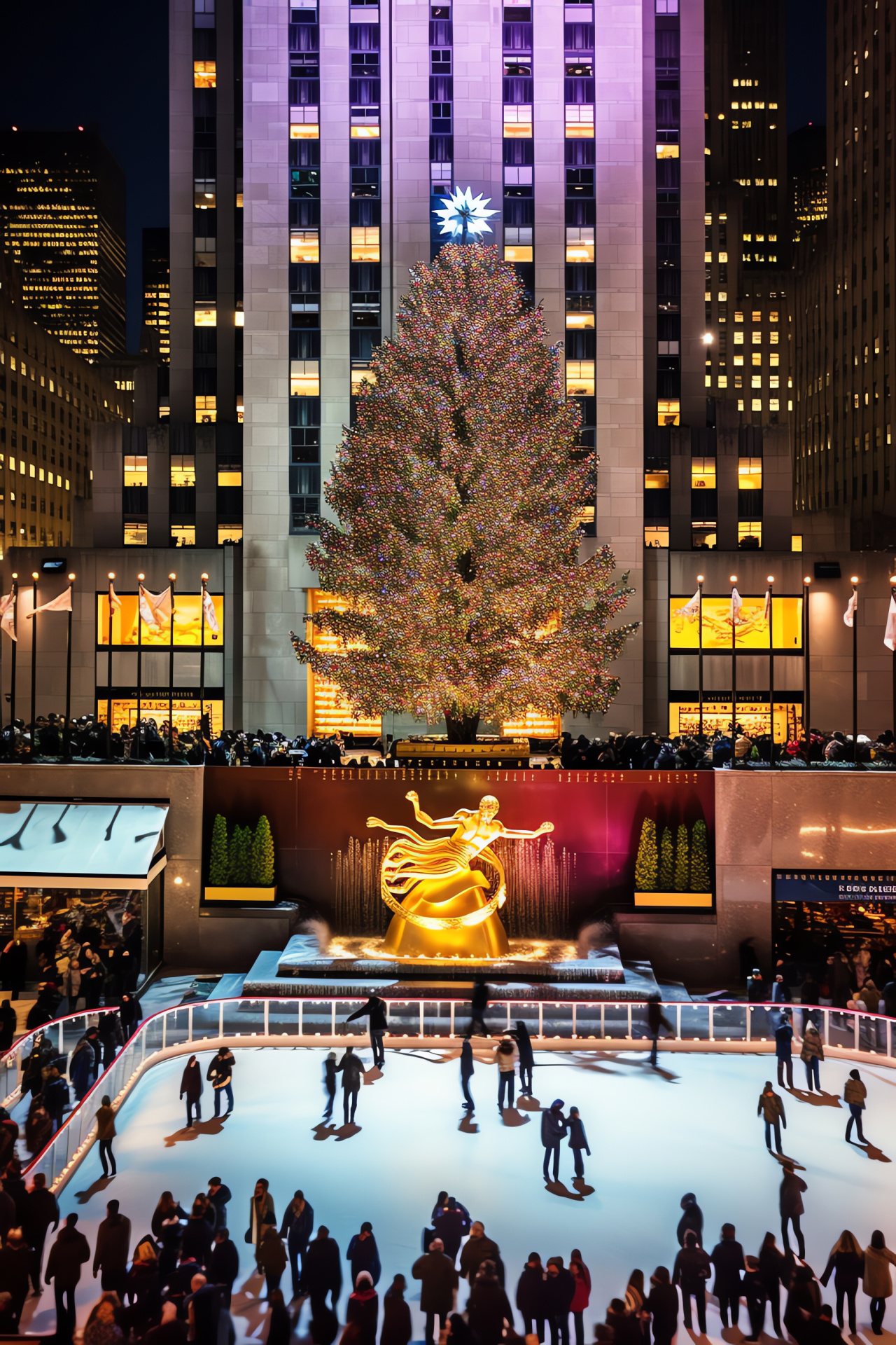 NYC winter landmark, Rockefeller Plaza, Season skater movement, Iconic holiday tree, Festive urban scenery, HD Phone Wallpaper