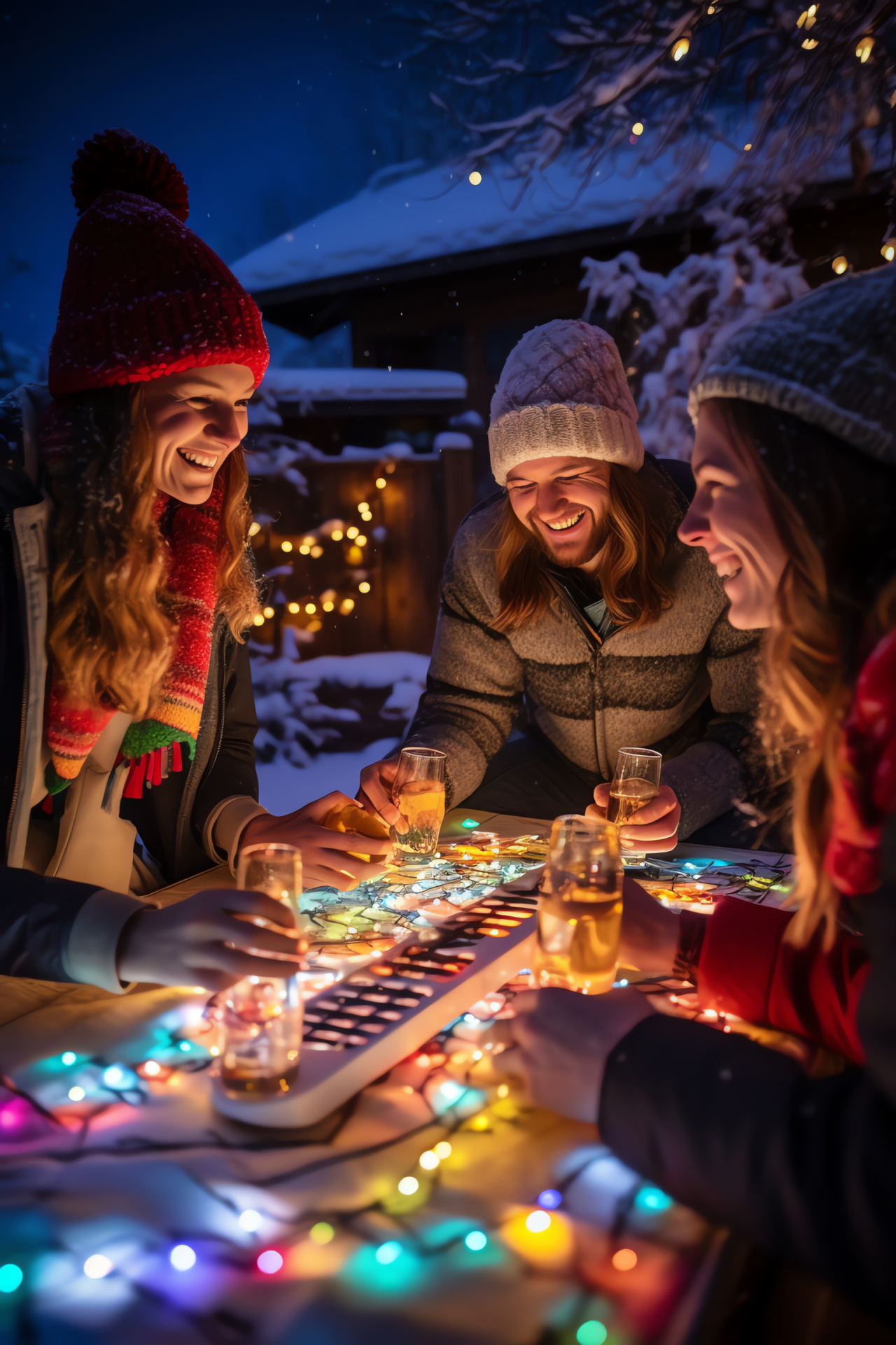 Winter Solstice gathering, Friendship sharing, Holiday games, Table interactions, Seasonal enjoyment, HD Phone Image