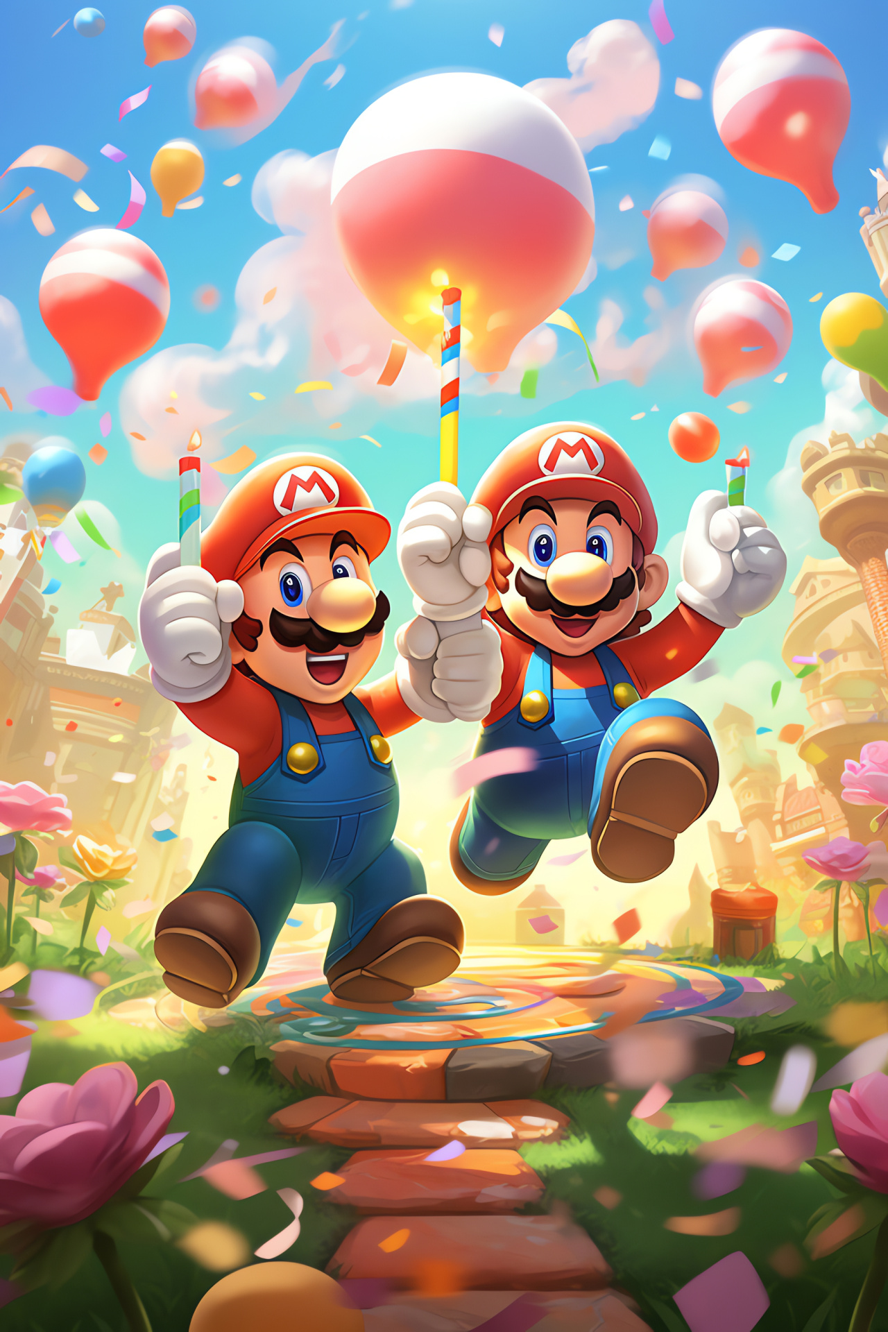 Nintendo celebration, Super Mario icons, Legendary Luigi, Iconic adventure duo, Fantasy world gala, HD Phone Wallpaper