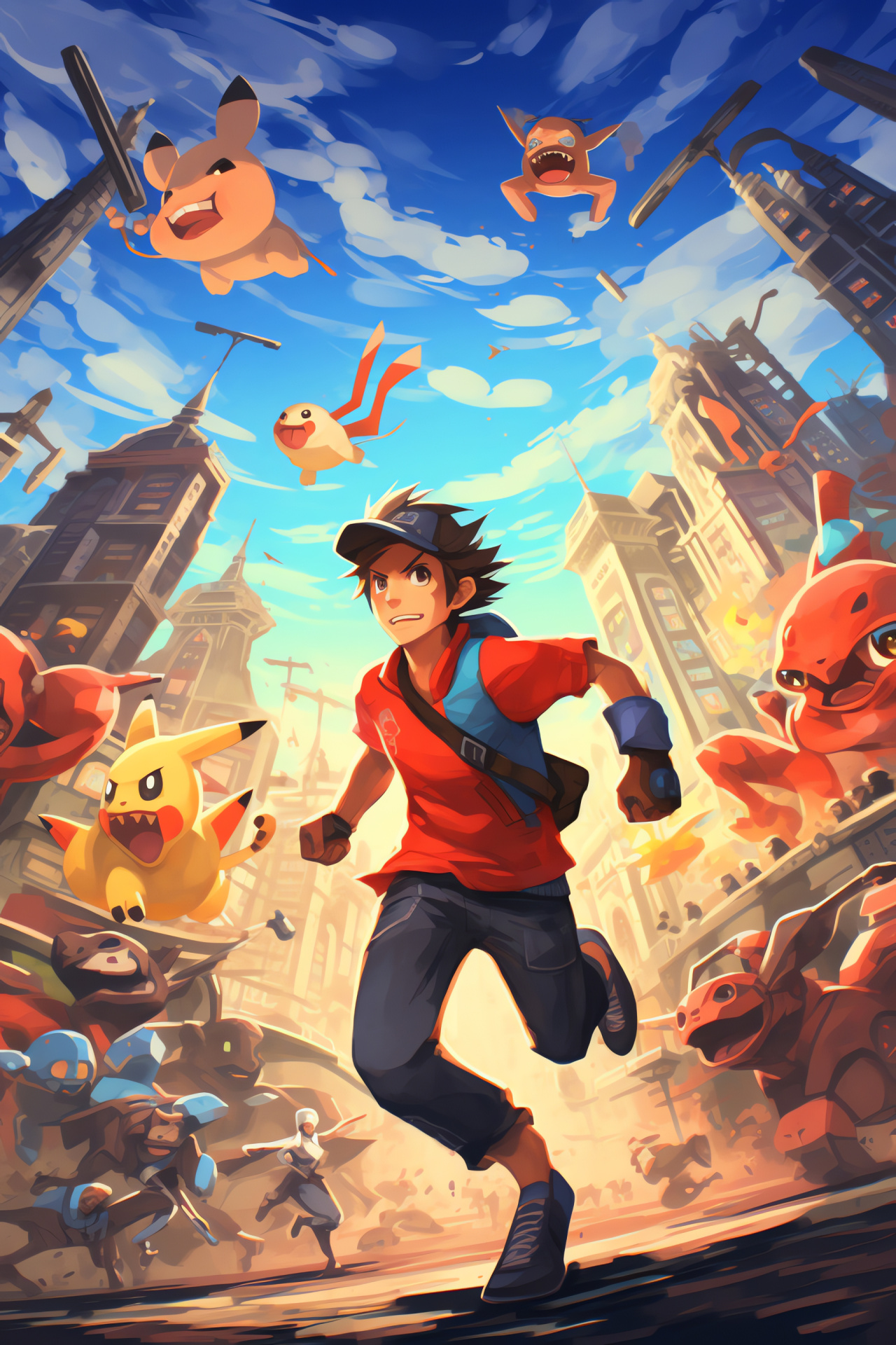 Ash's Pokemon team in motion, fast-paced city action, team's agility, futuristic cityscape design, energetic sprint, HD Phone Wallpaper