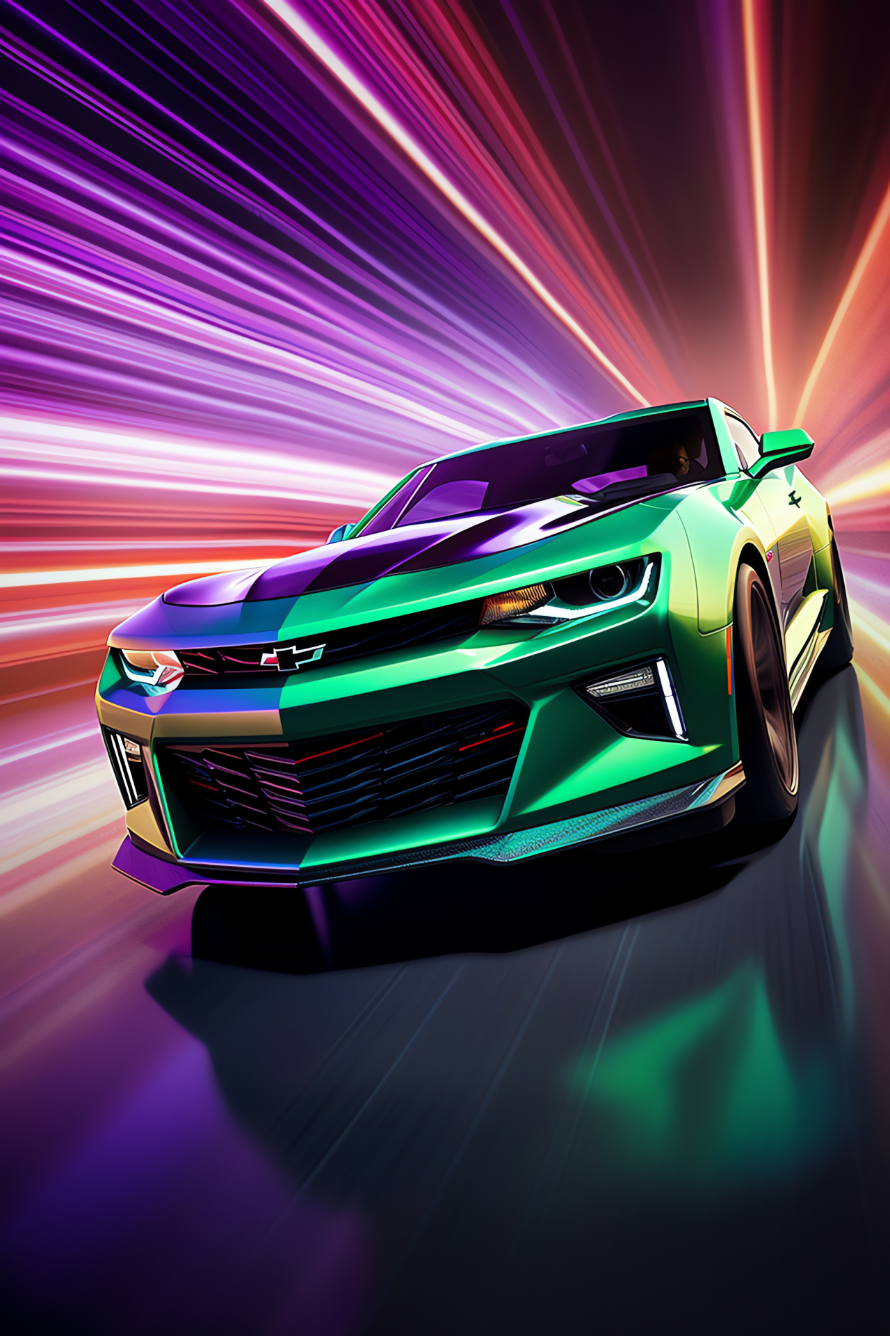 Chevrolet Camaro, Muscle car presence, American automotive power, Fluorescent urban glow, Prowess on pavements, HD Phone Wallpaper