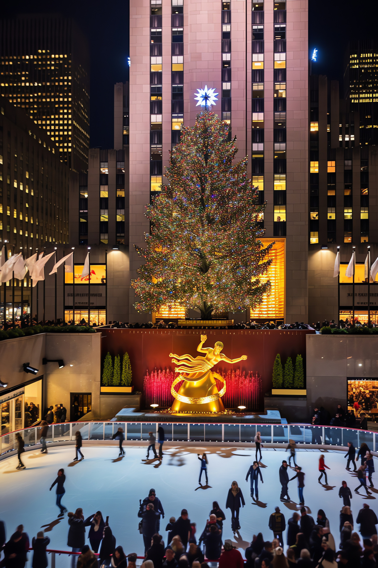 Solstice festivity, New York City landmark, outdoor ice skating, towering festive fir, famous winter venue, HD Phone Image