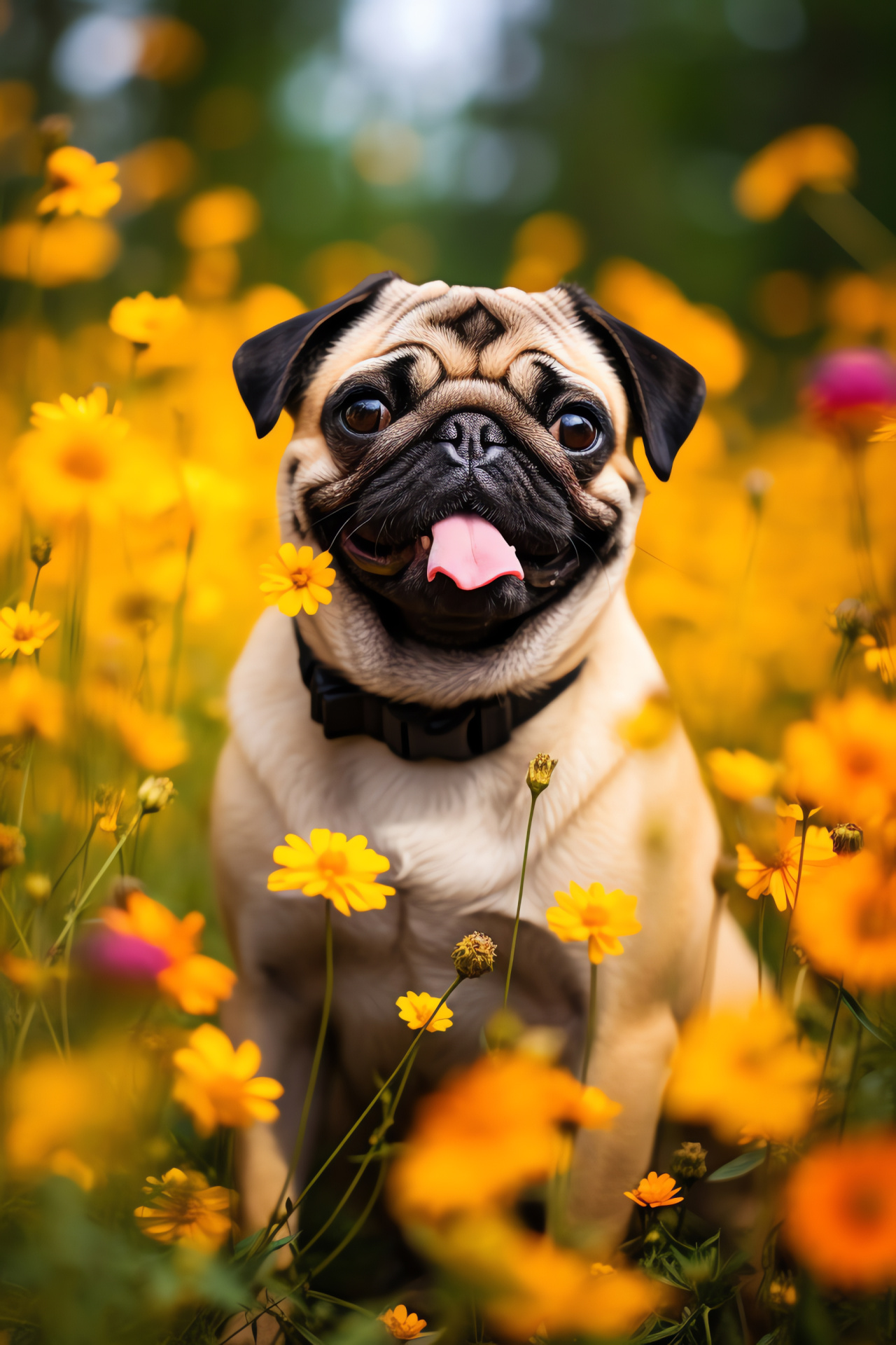 Pug dog breed, fawn coat, expressive canine, pet fauna, blooming nature, HD Phone Image