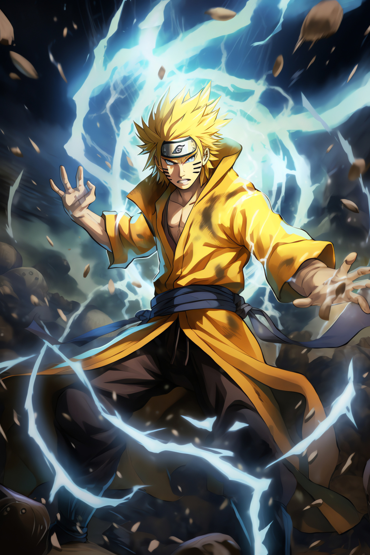 Minato Namikaze battle stance, Hokage title bearer, Teleportation technique showcase, Space-time jutsu effect, Lightning motif, HD Phone Wallpaper