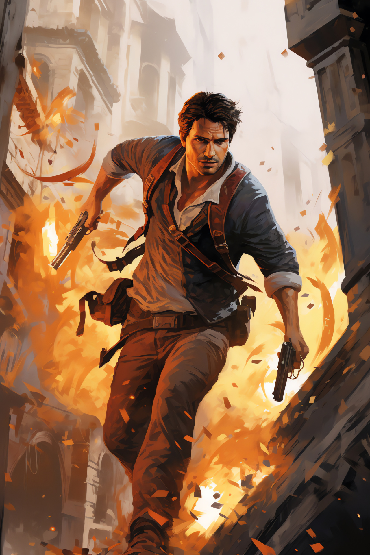 Treasure seeker Nathan Drake, High-stakes gunfight, Hostile gunmen, Crumbling barriers, Relic chase, HD Phone Image