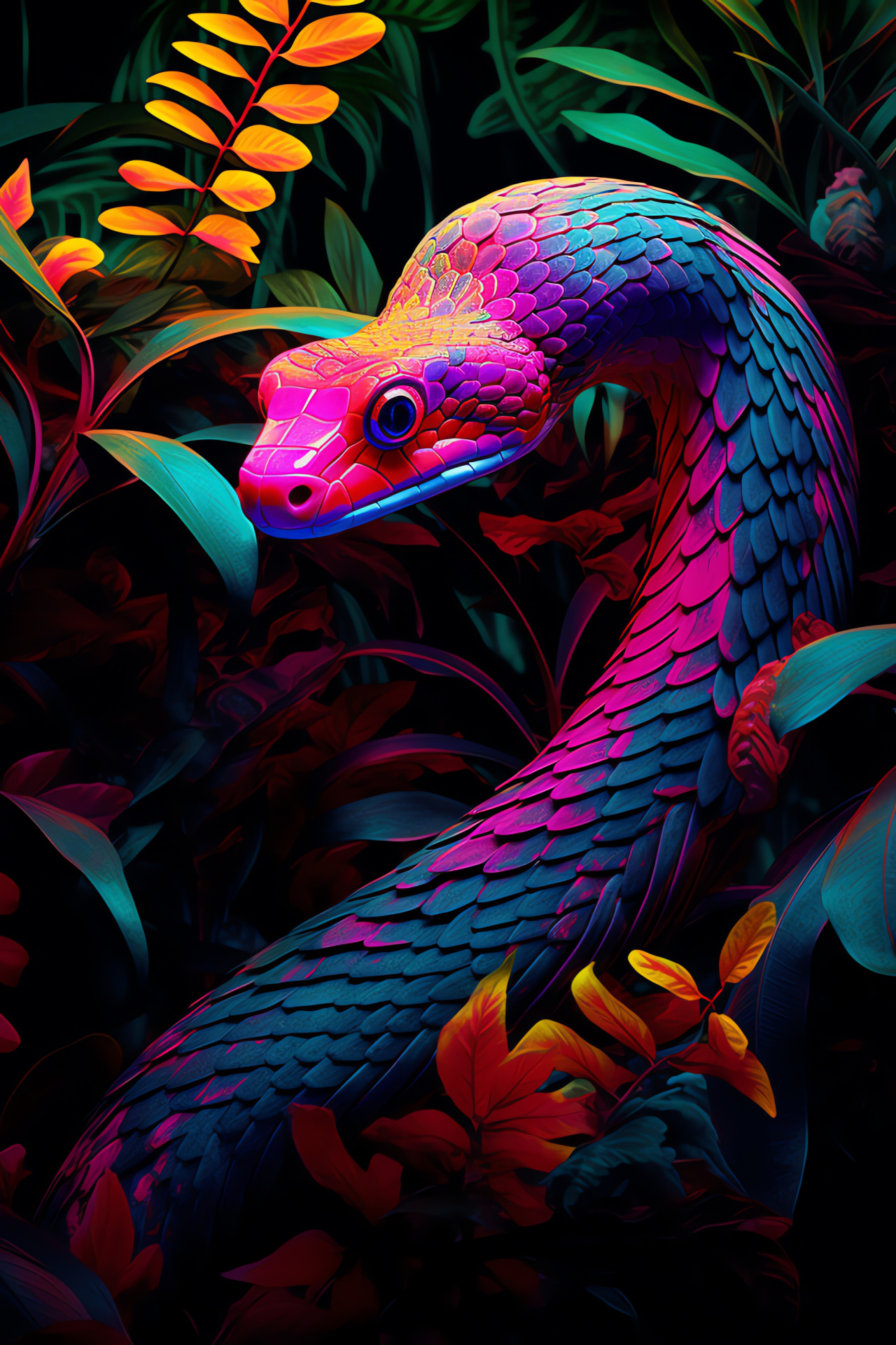 Neon snake habitat, tropical forest, illumination effect, jungle wildlife, reptilian scales, HD Phone Wallpaper