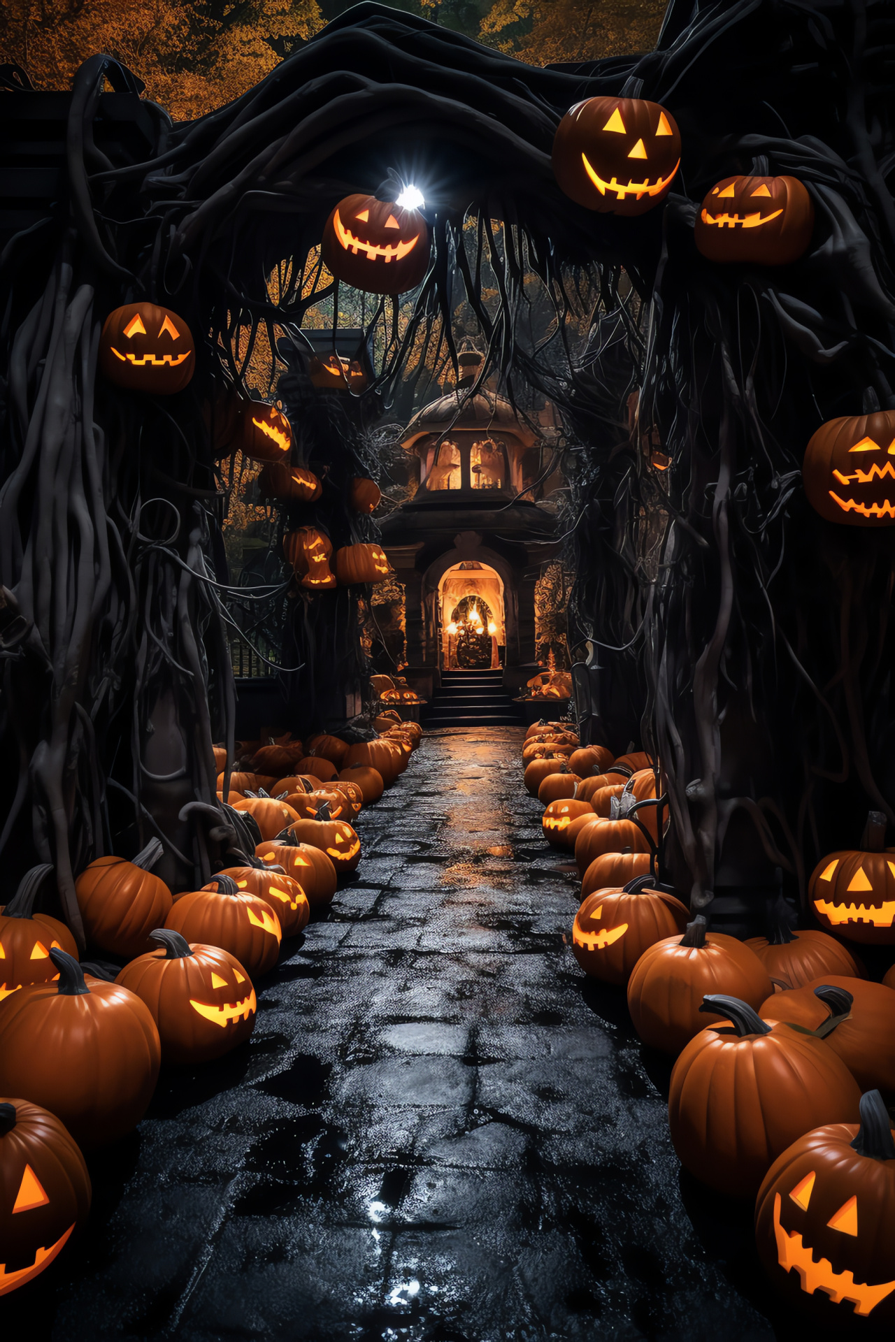 Halloween labyrinth, haunted spectacle, theme park horror, mysterious adventure, chilling entertainment, HD Phone Wallpaper
