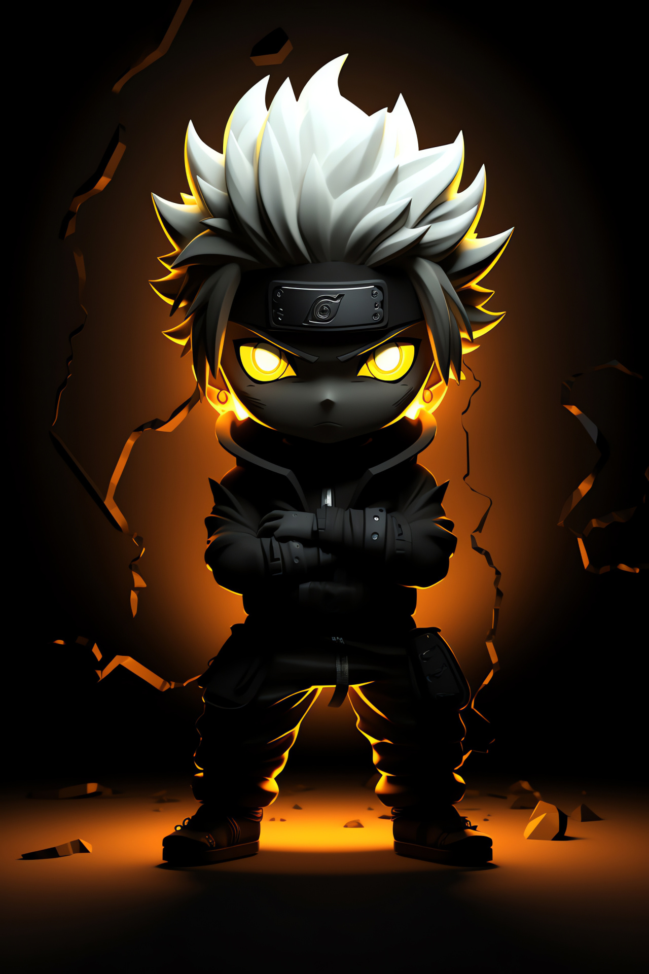 Naruto Chibi Kakuzu, Anime figurine artwork, Cross-stitched texture detail, Chibi Akatsuki member, Opaque ebony setting, HD Phone Wallpaper