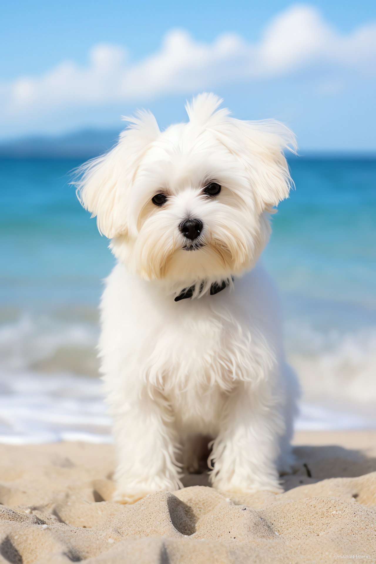 Maltese companion, jet eyes, snowy coat, gossamer fur, coastal sands, HD Phone Wallpaper