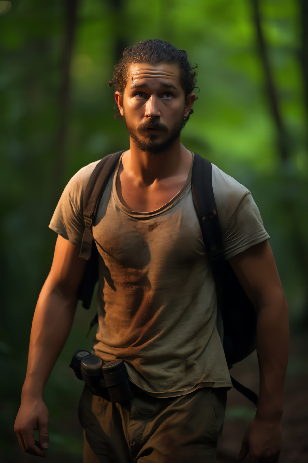 Shia Labeouf mysterious, Dark wooded setting, Woods exploration, Creeping shadows, Outdoor cinematic scene, HD Phone Image