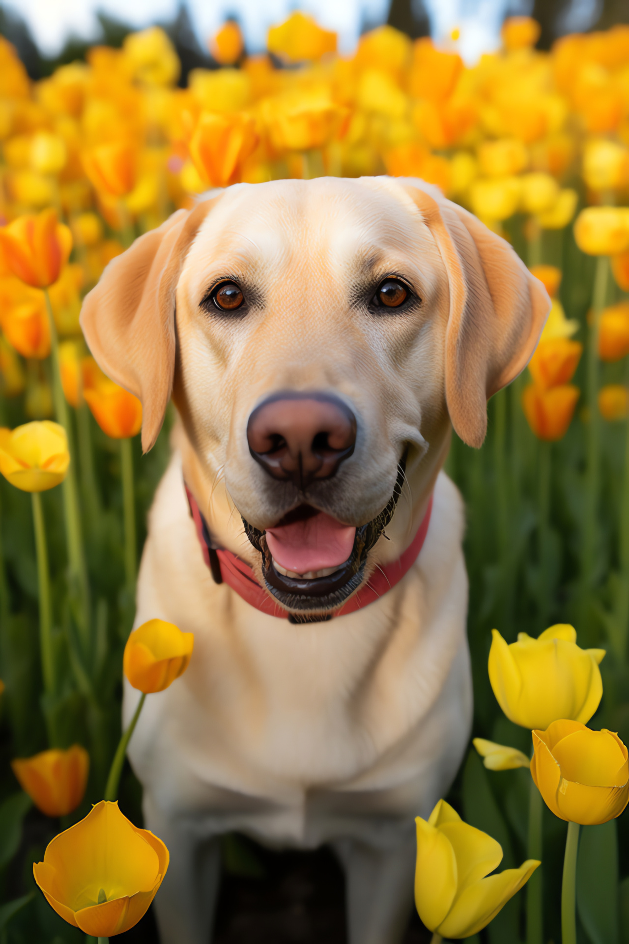 Attentive Yellow Lab, Puppy flowerbed, Canine-friendly flora, Blossoming field, Inquisitive pup, HD Phone Image