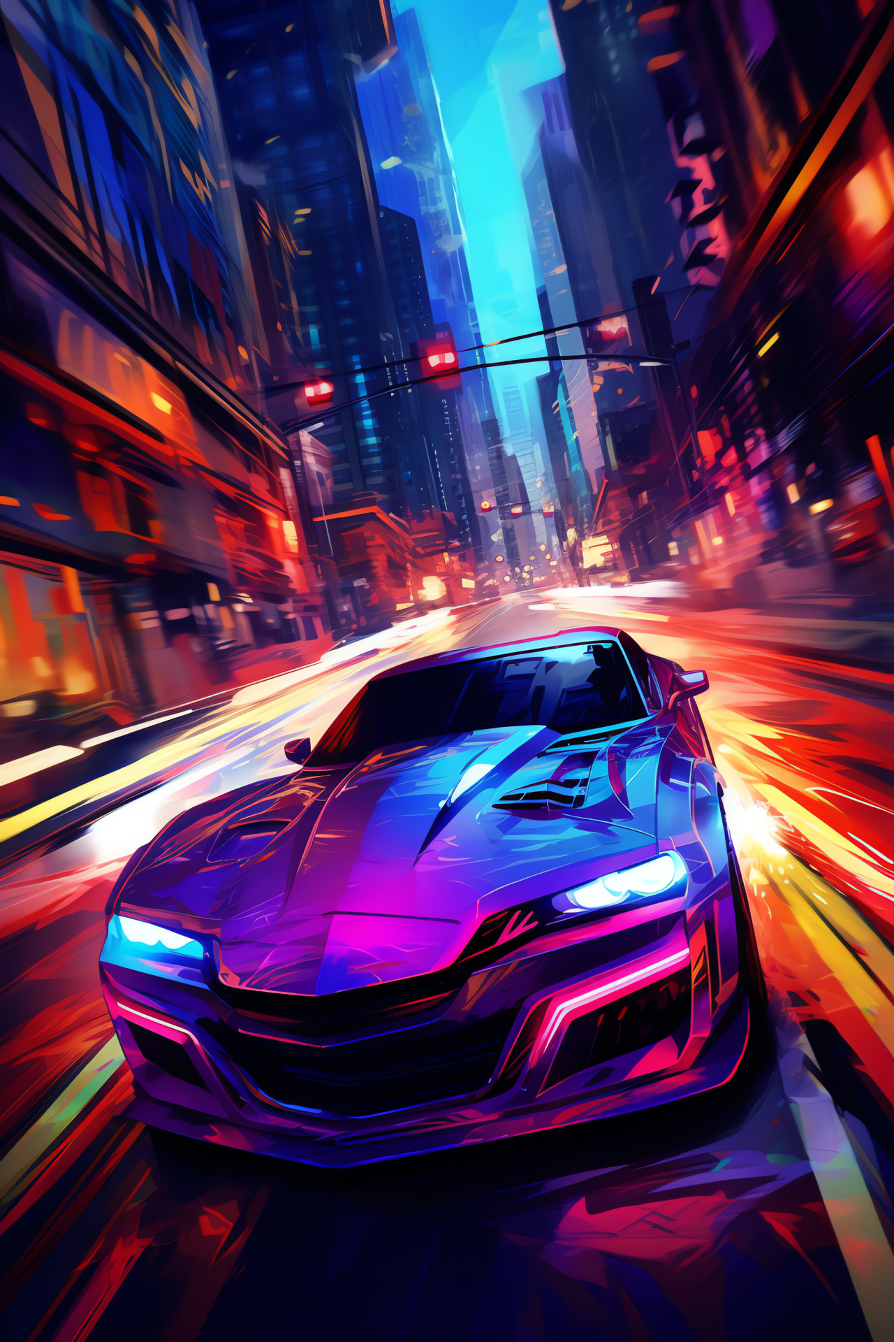 Neon Car, neon-infused panorama, city glow, late-night cruise, urban lighting, HD Phone Wallpaper