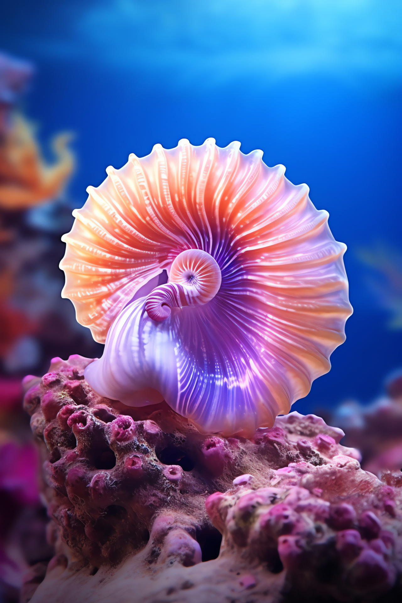 Nautilus oceanic, mollusk shell, marine colors, underwater scene, sea creature, HD Phone Image