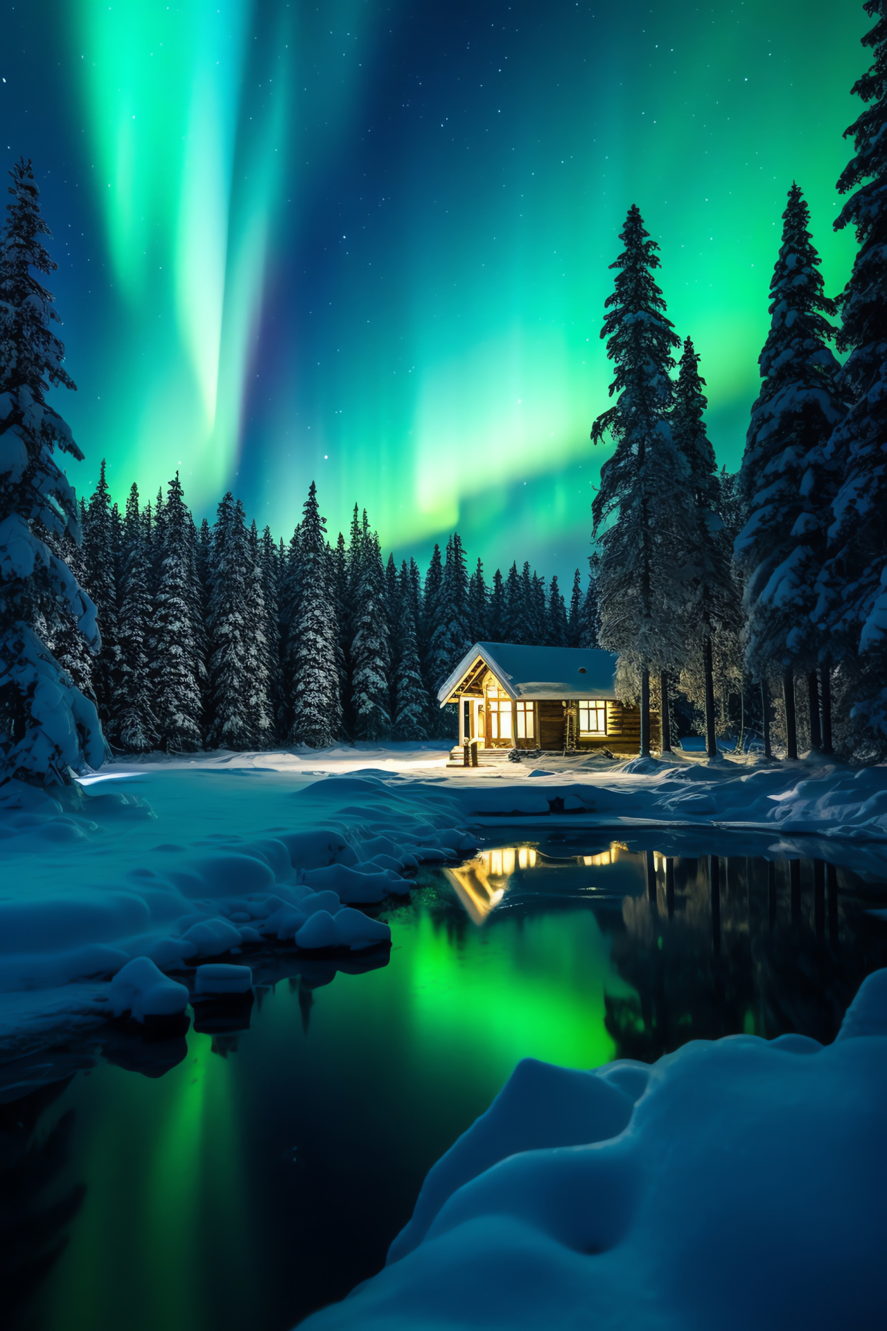 Wintry scene, icy water expanse, frosty timber, polar aurora, rustic lodge, HD Phone Wallpaper