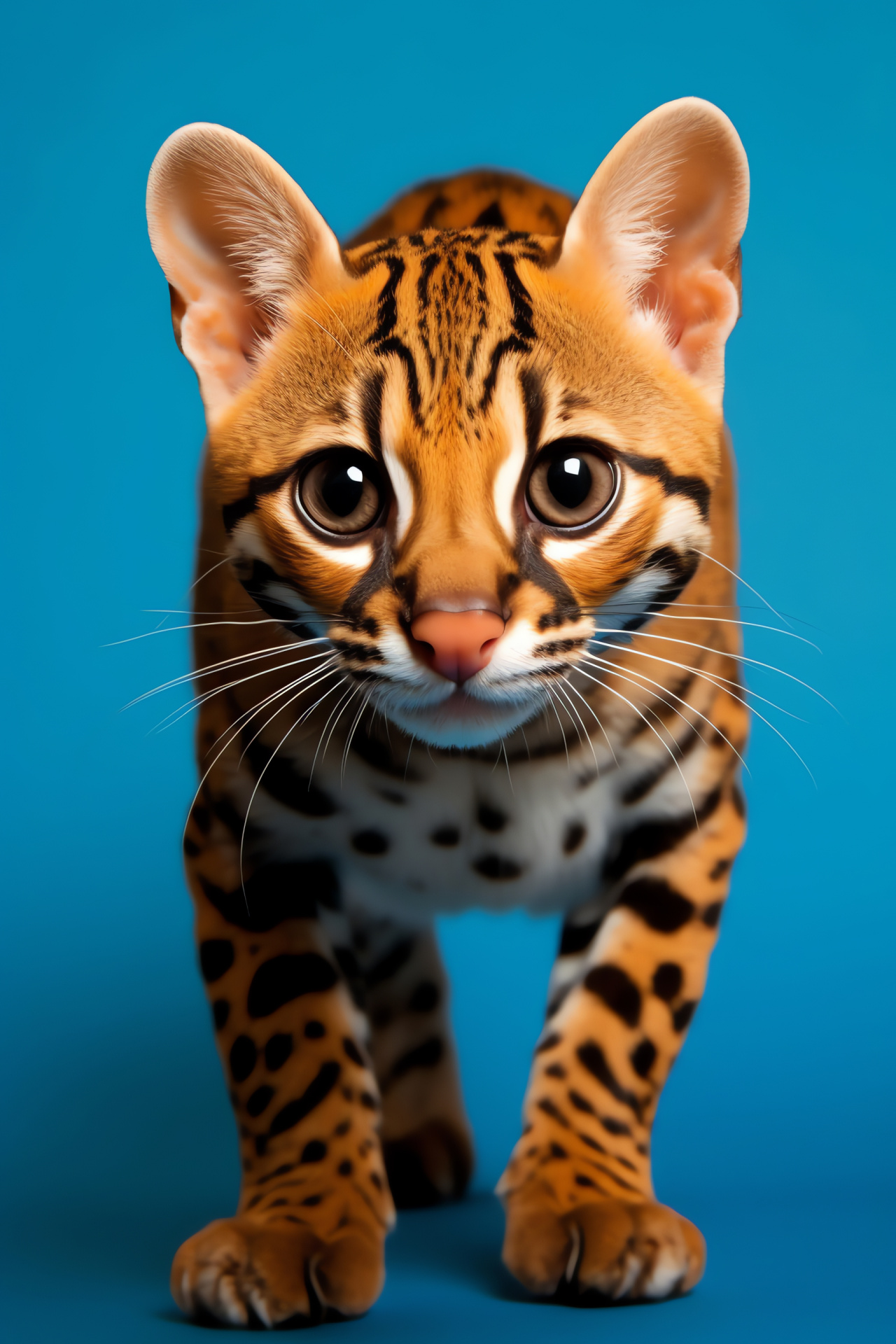 Ocelot, Wild azure stare, Orange-brown pelt, Graceful feline leap, Dual-tone minimalist background, HD Phone Wallpaper