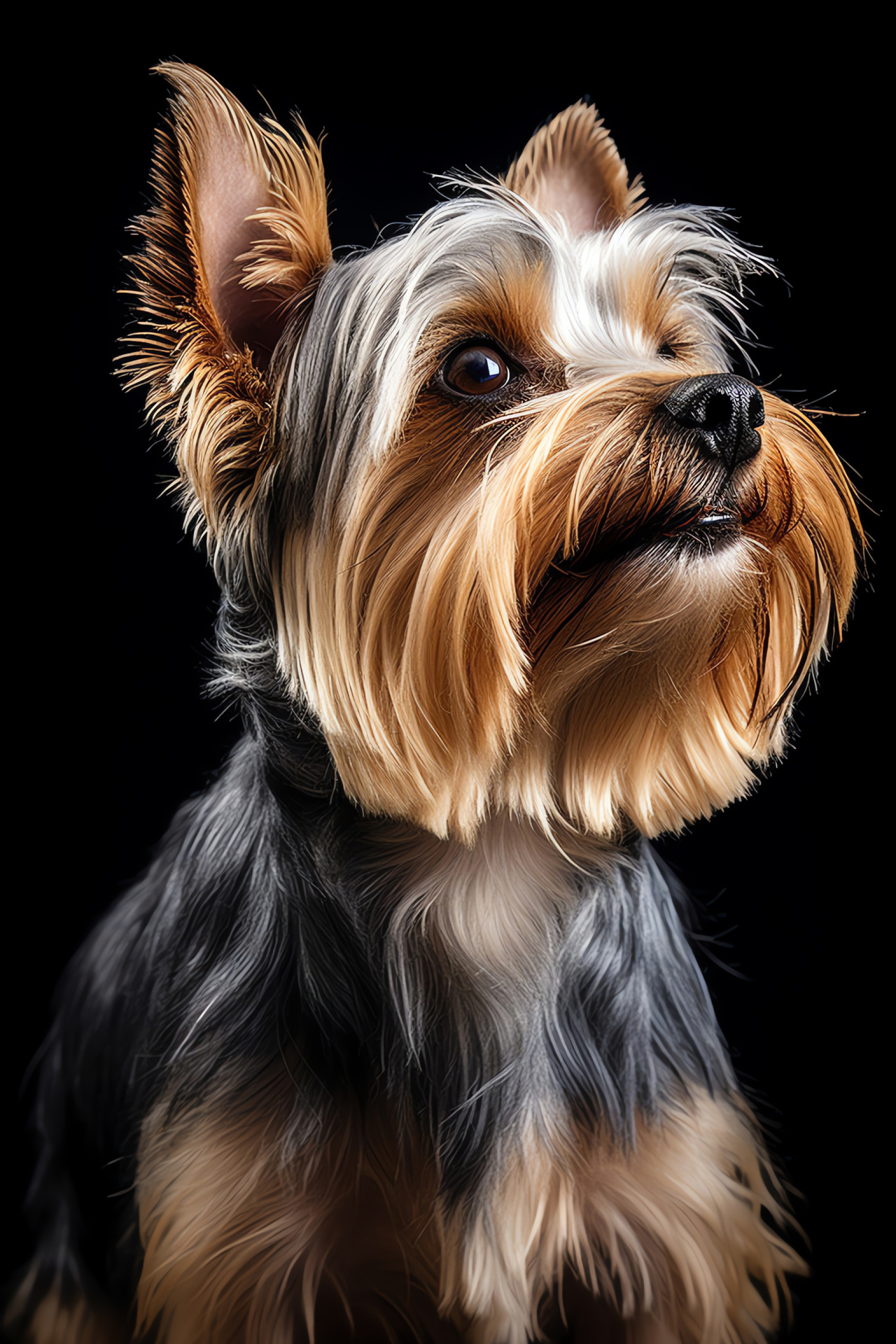 Yorkshire Terrier pose, silver-black long fur, pet against contrasting backdrop, HD Phone Image