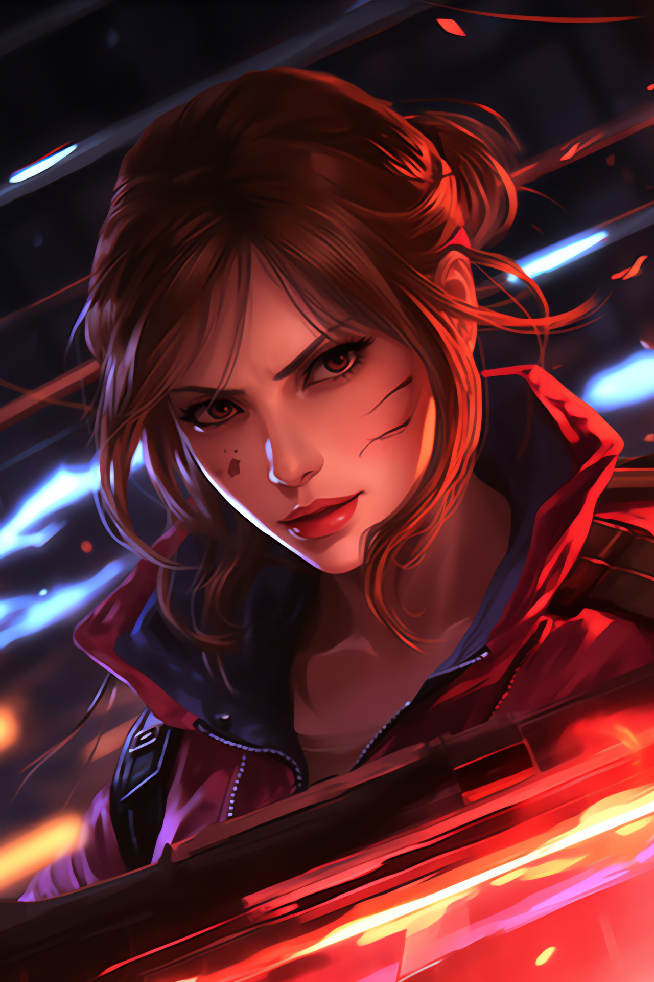 Claire Redfield confrontation, Video game action, High-caliber weapon, Monstrous adversary, Urban chaos, HD Phone Wallpaper