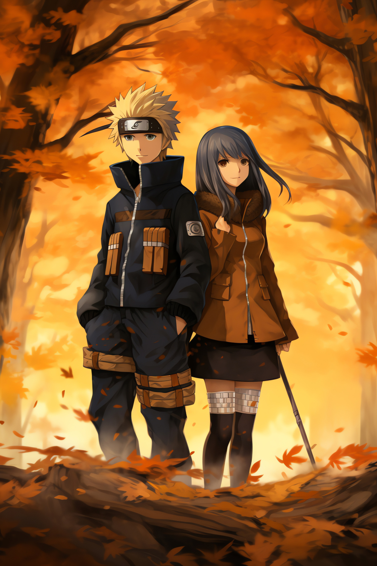 Beloved anime characters, serene scenery, ninja training, autumn vibes, gentle atmosphere, HD Phone Image