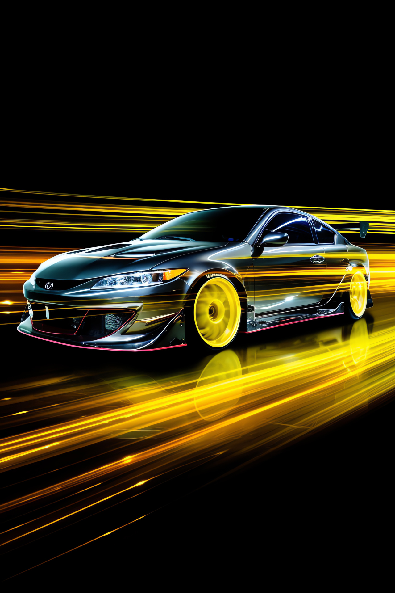 S15 Silvia Spec-R Aero, Sunlit yellow paintwork, Urban illumination, Sinuous light trails, Nighttime driving, HD Phone Image