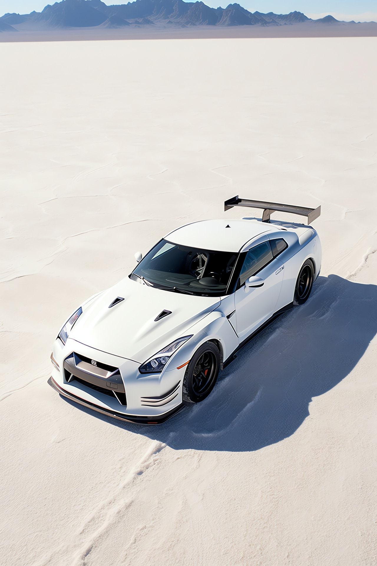 Nissan GTR R35 Bonneville record, Famous salt flats, Speed trial venue, Custom modifications, Overhead perspective, HD Phone Wallpaper